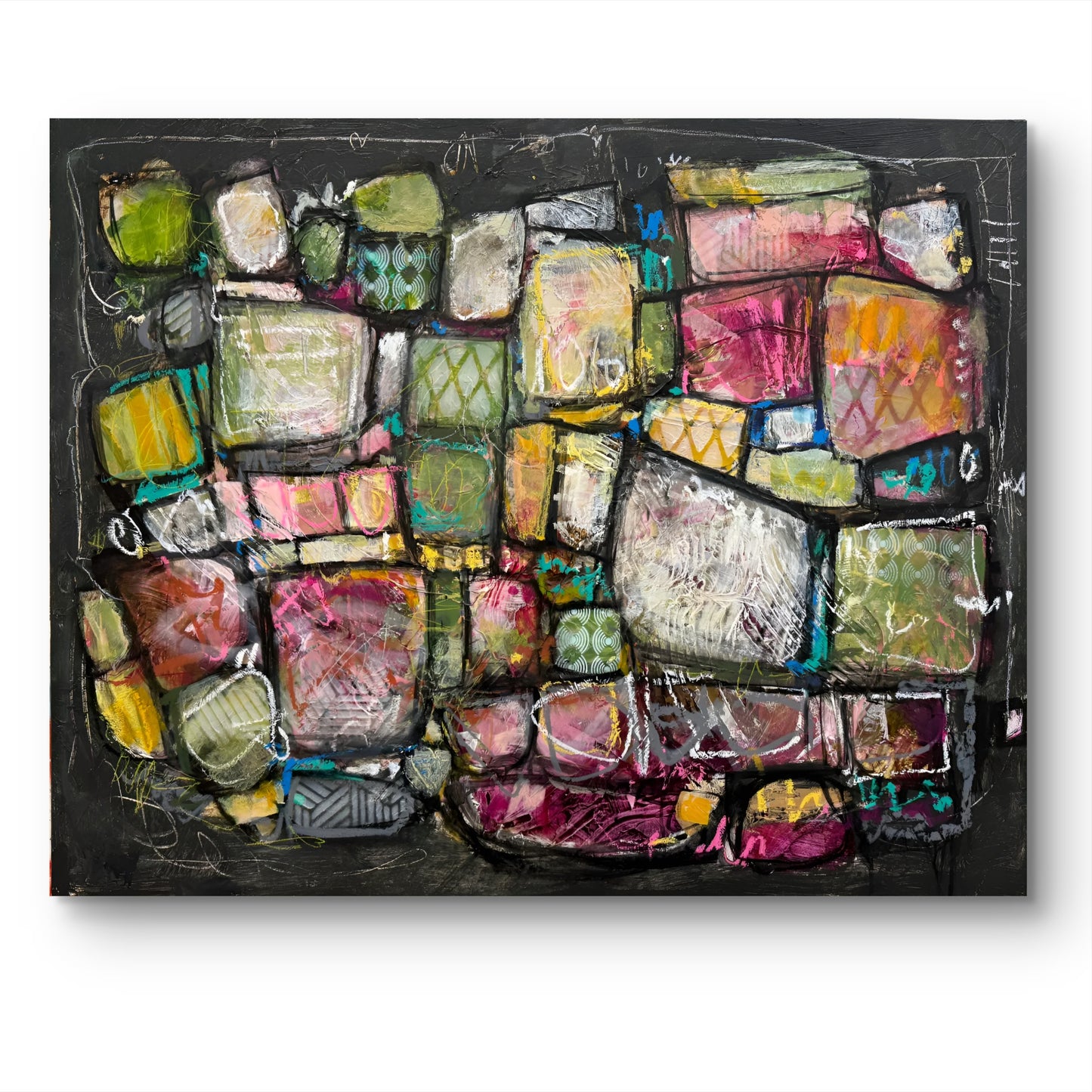 Abstract art piece with colorful geometric shapes on a black background Lori Mirabelli