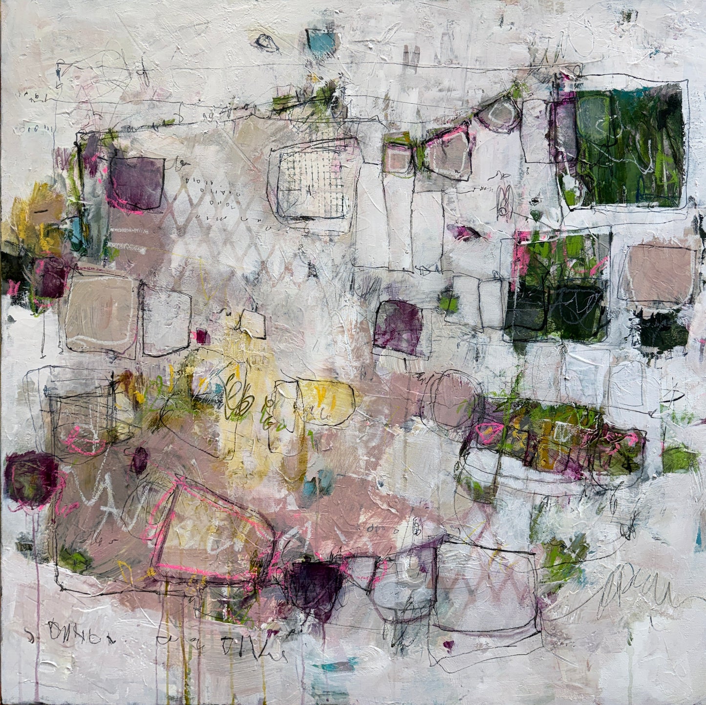 Abstract artwork with a mix of colors and textures on a white background