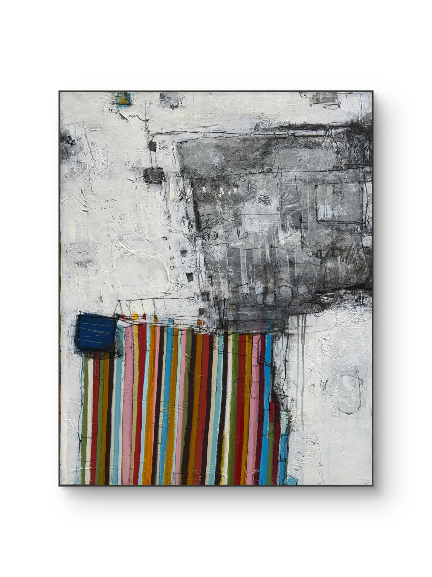 Abstract art piece with colorful stripes on a white background
