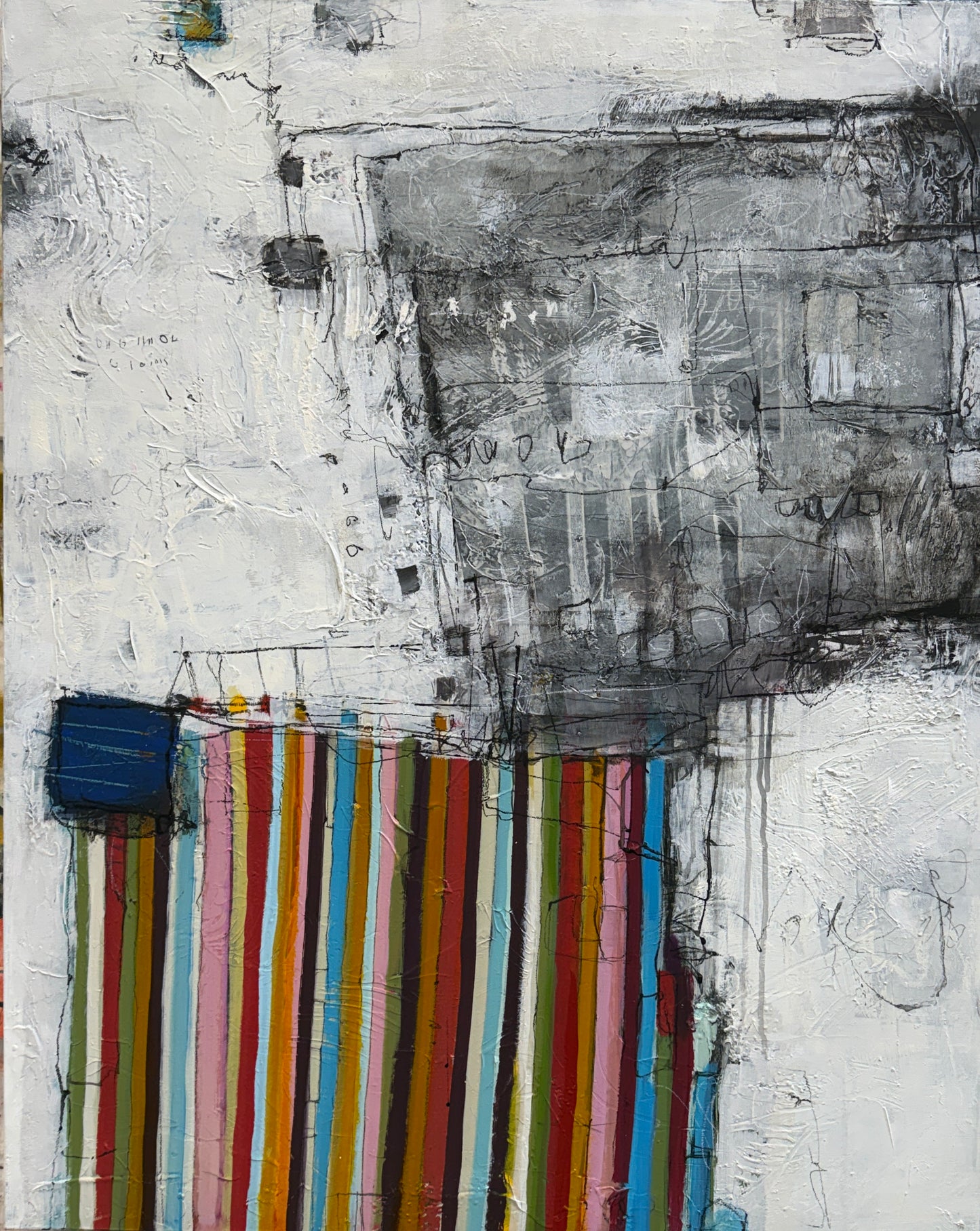 Abstract art piece with colorful striped pattern on a white background