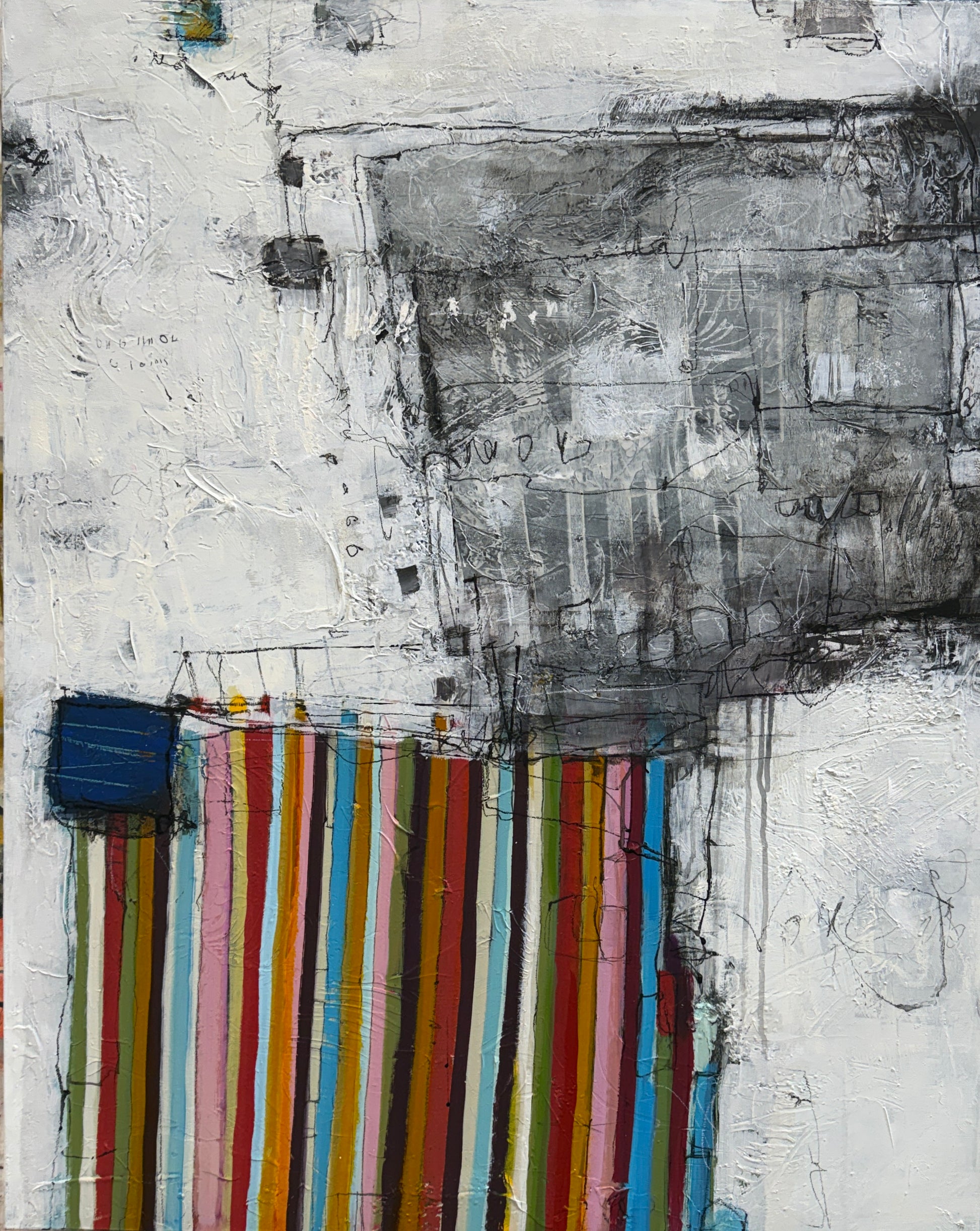 Abstract art piece with colorful striped pattern on a white background