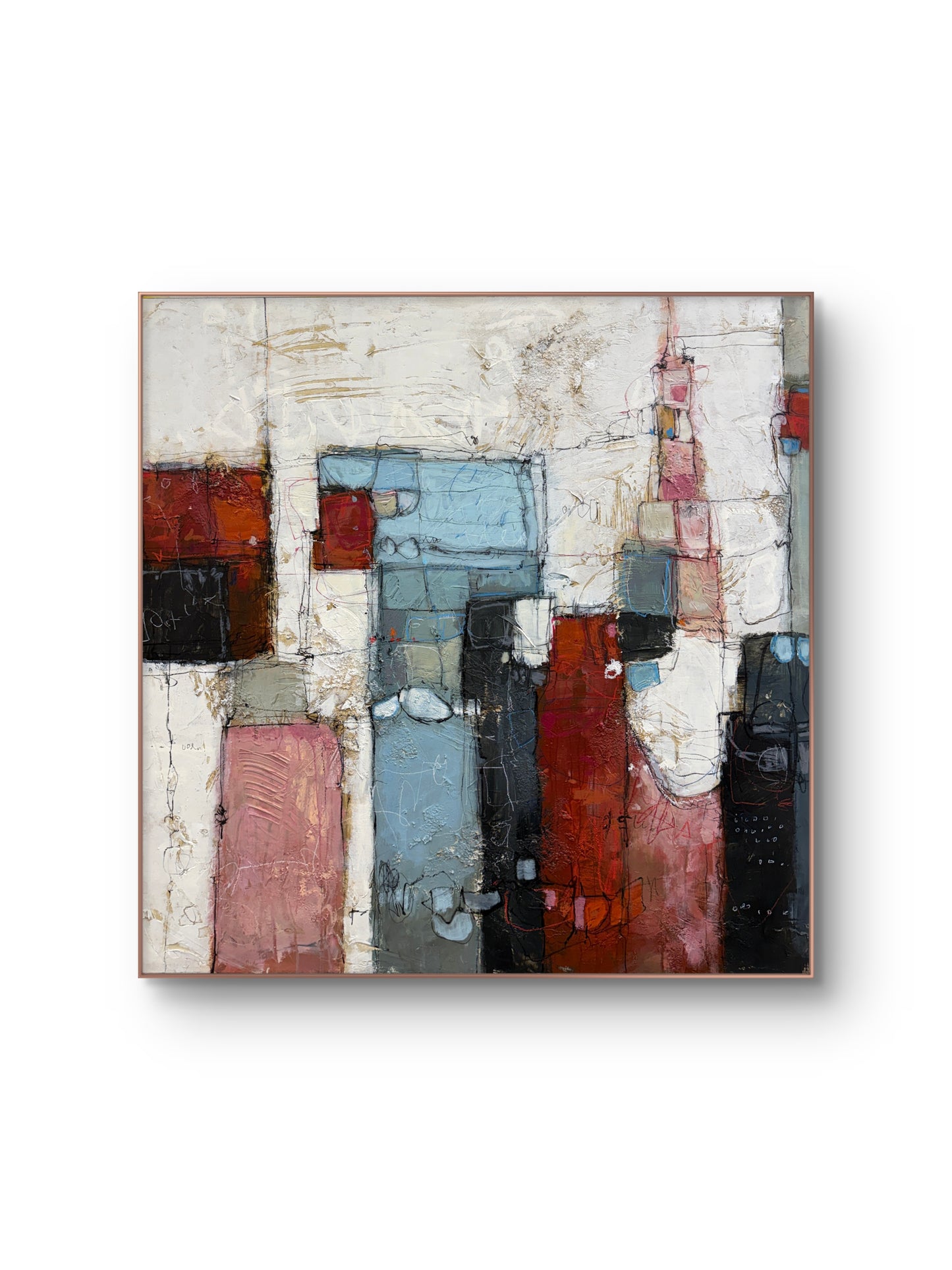 Abstract art piece with geometric shapes and earthy tones on a white background