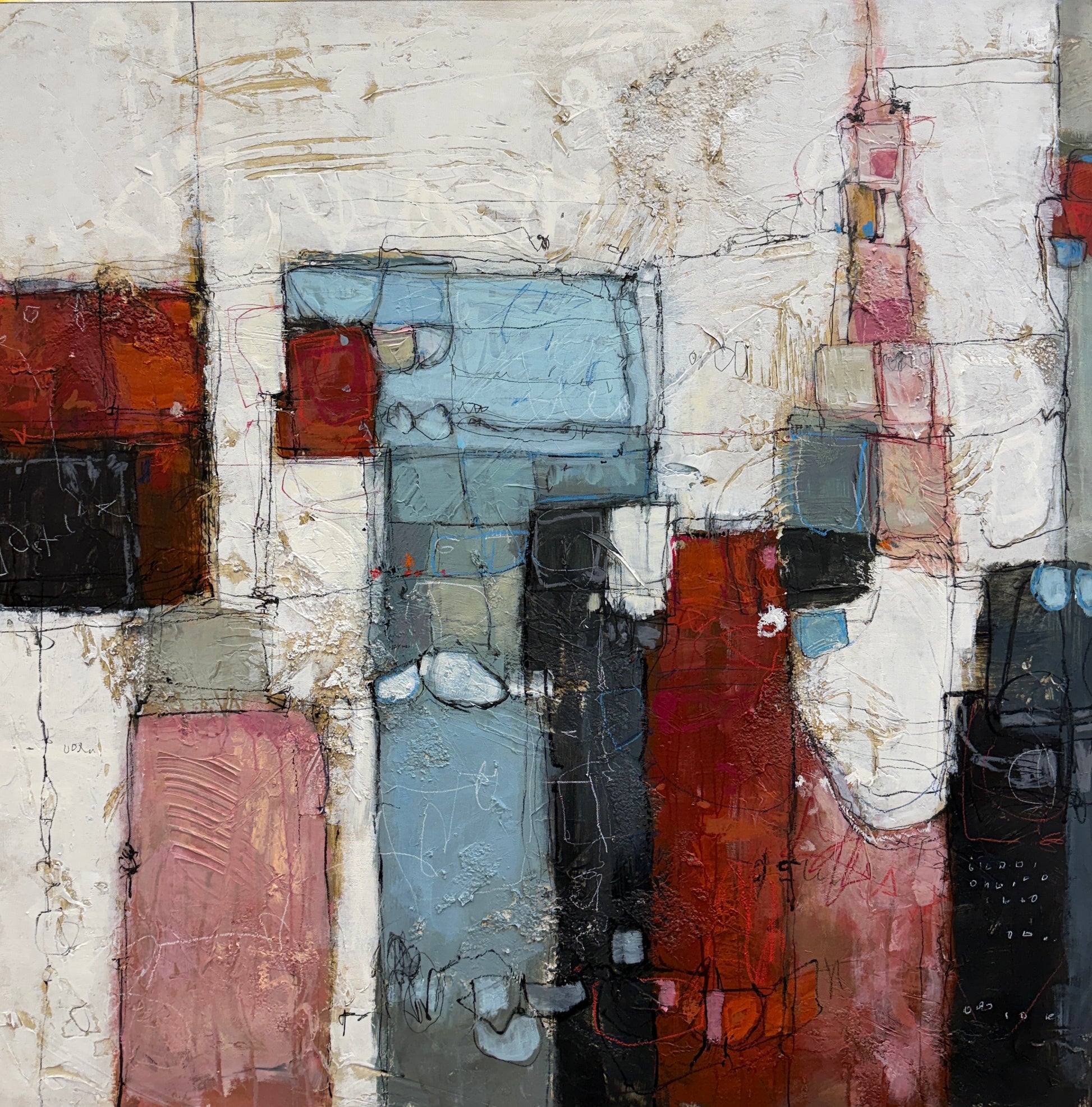 Abstract art piece with a mix of colors and textures