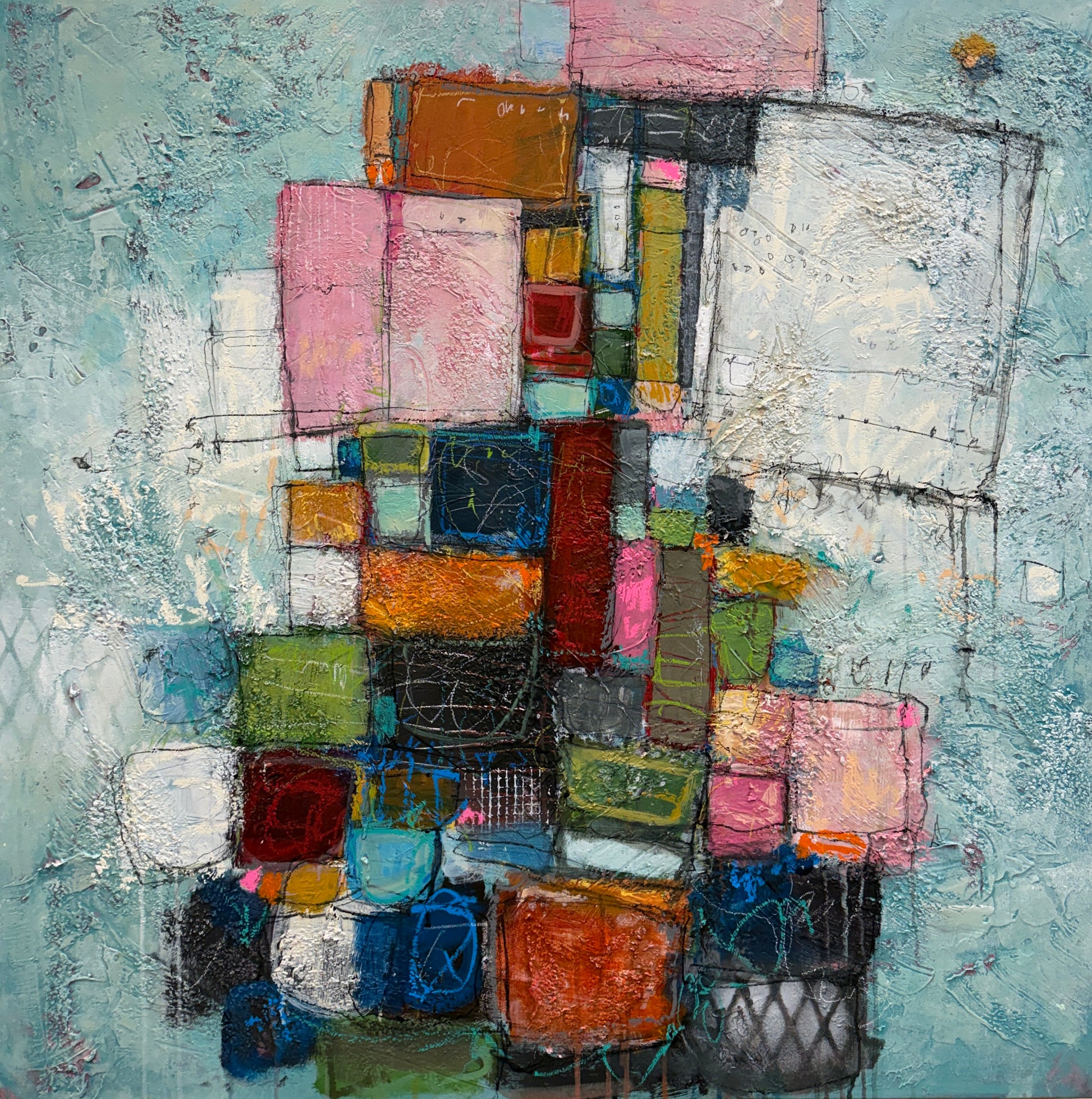 Abstract art piece with colorful geometric shapes on a textured background