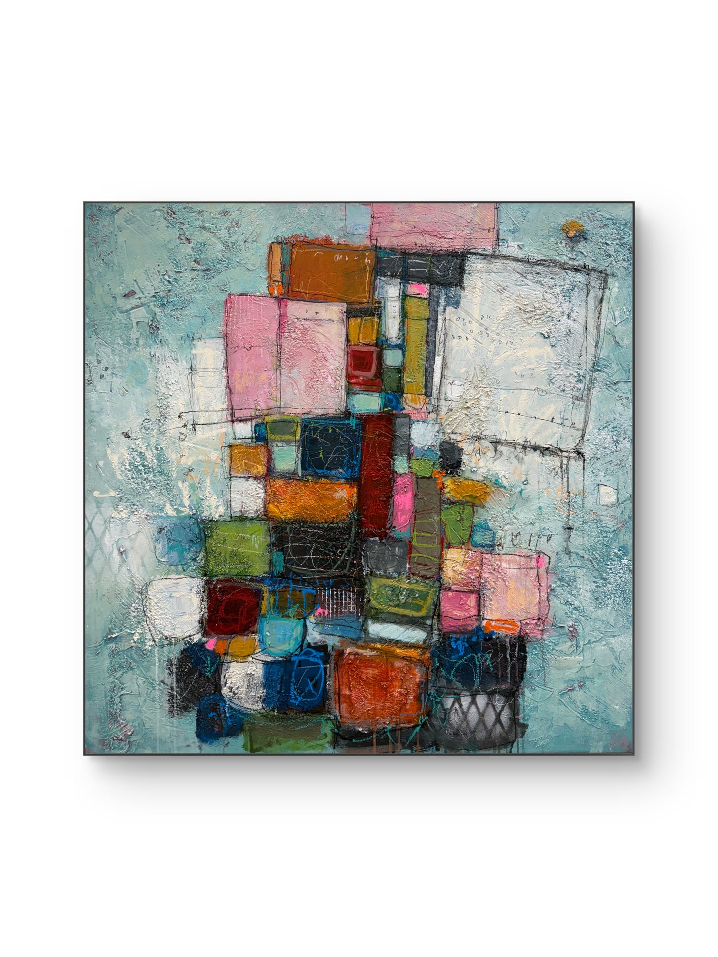 Abstract art piece with colorful geometric shapes on a textured background