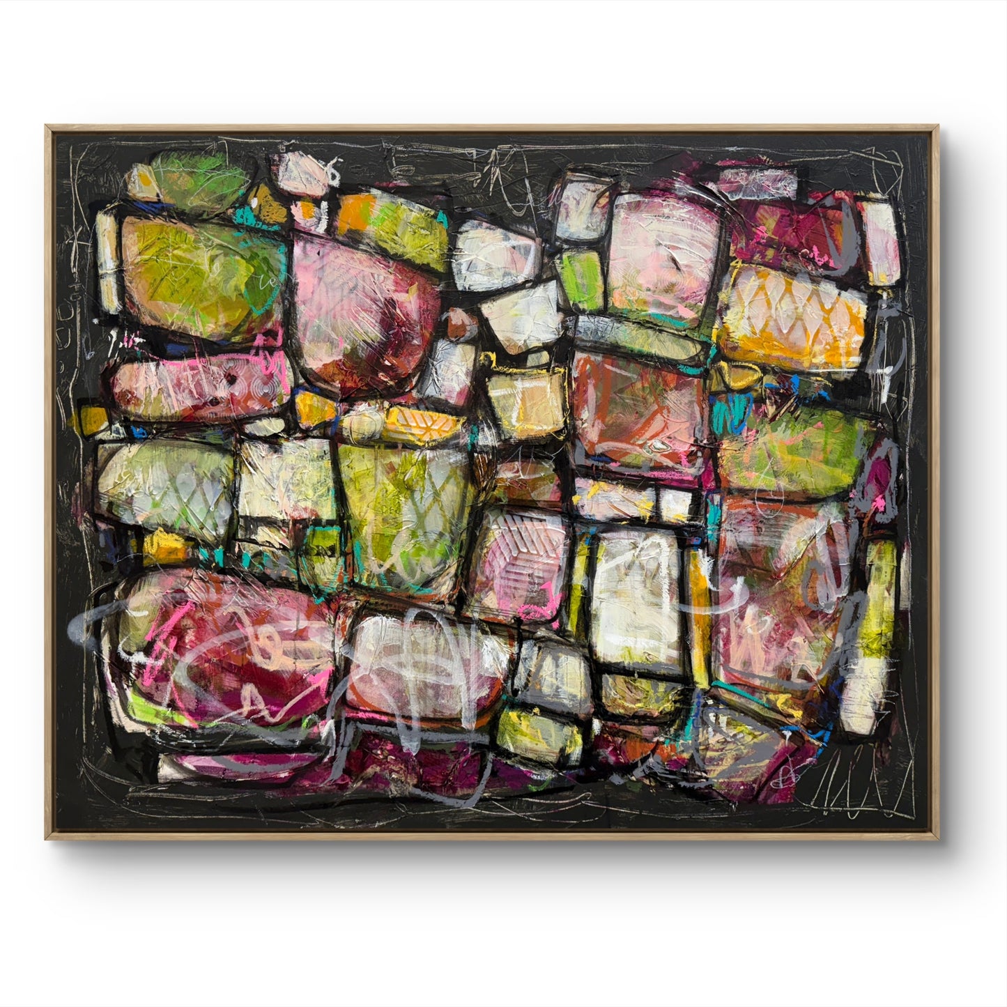  Abstract art piece with colorful geometric shapes on a black background Artist Lori mirabelli