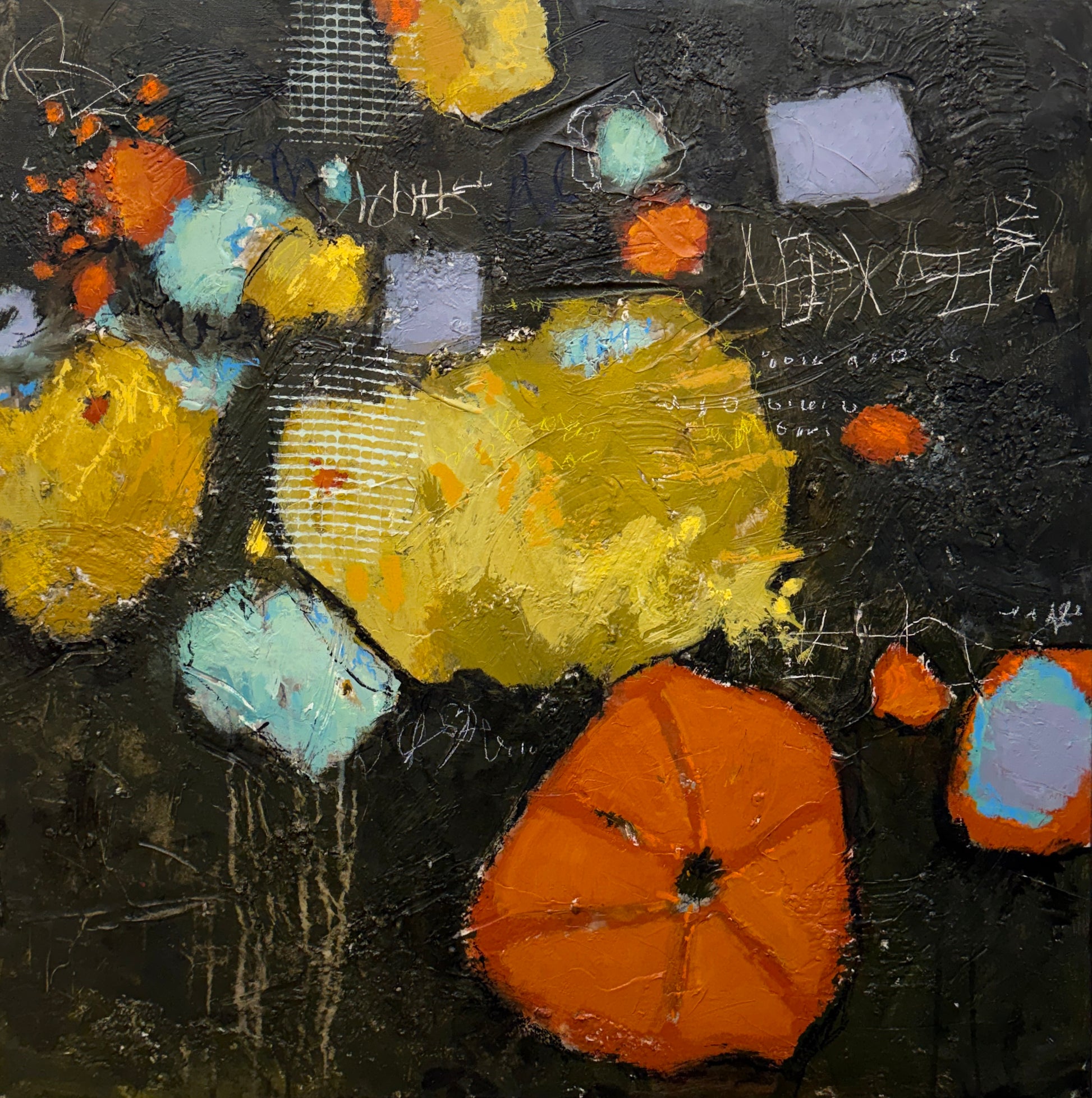 An abstract expressionist painting featuring textured impasto brushstrokes with a black background, yellow and orange organic shapes, and light blue and lavender geometric accents.
