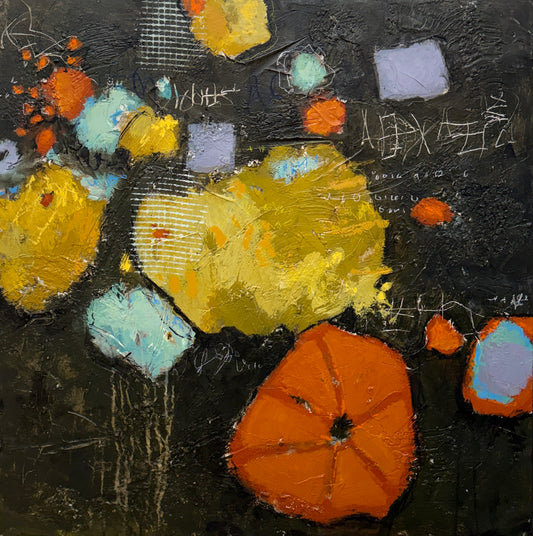 An abstract expressionist painting featuring textured impasto brushstrokes with a black background, yellow and orange organic shapes, and light blue and lavender geometric accents.