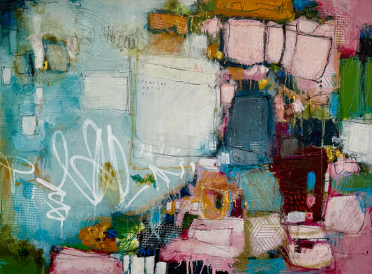 orange green and pink abstract painting for sale by artist lori mirabelli