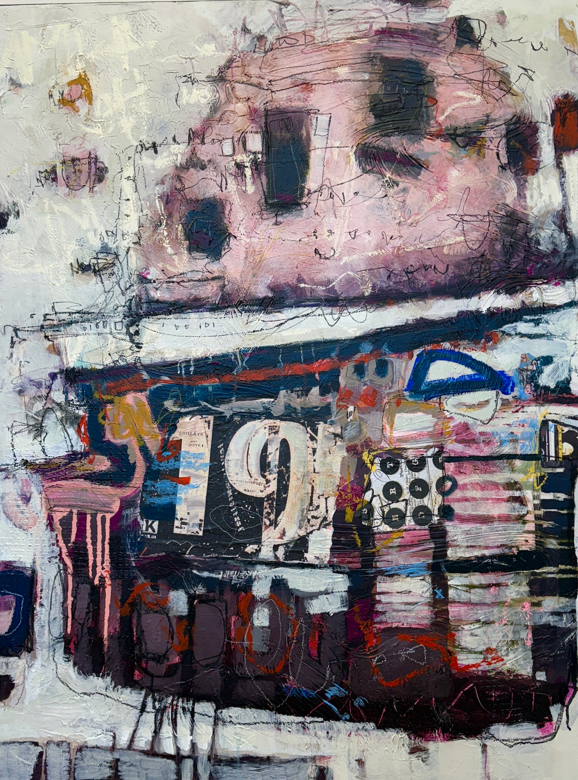 orange green and pink abstract painting for sale by artist lori mirabelli