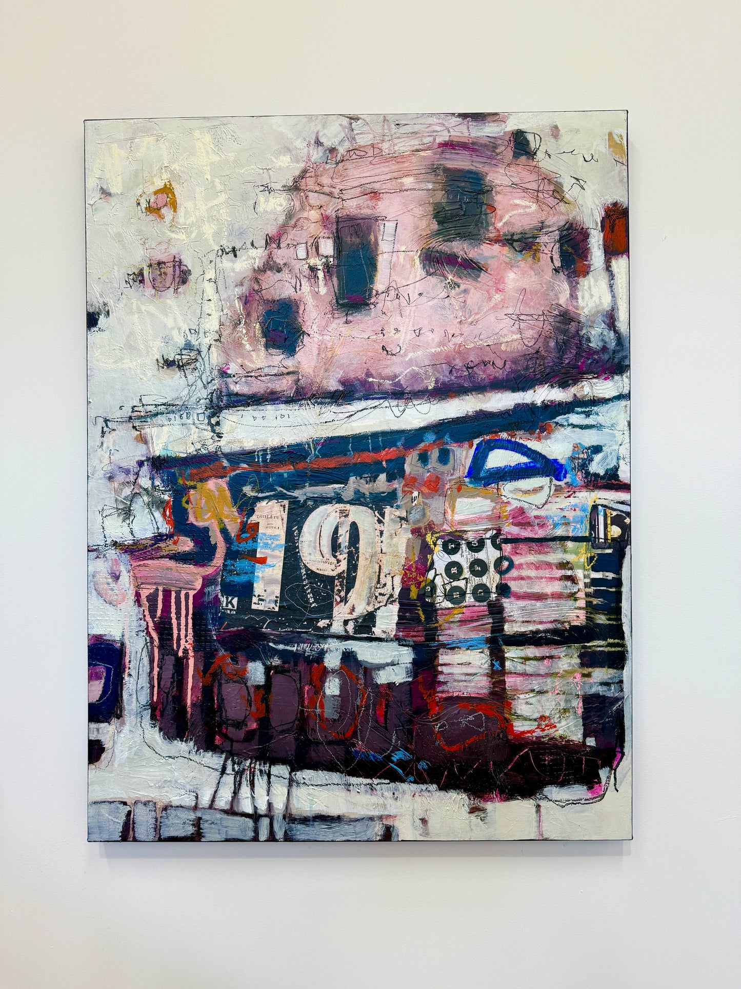 orange green and pink abstract painting for sale by artist lori mirabelli