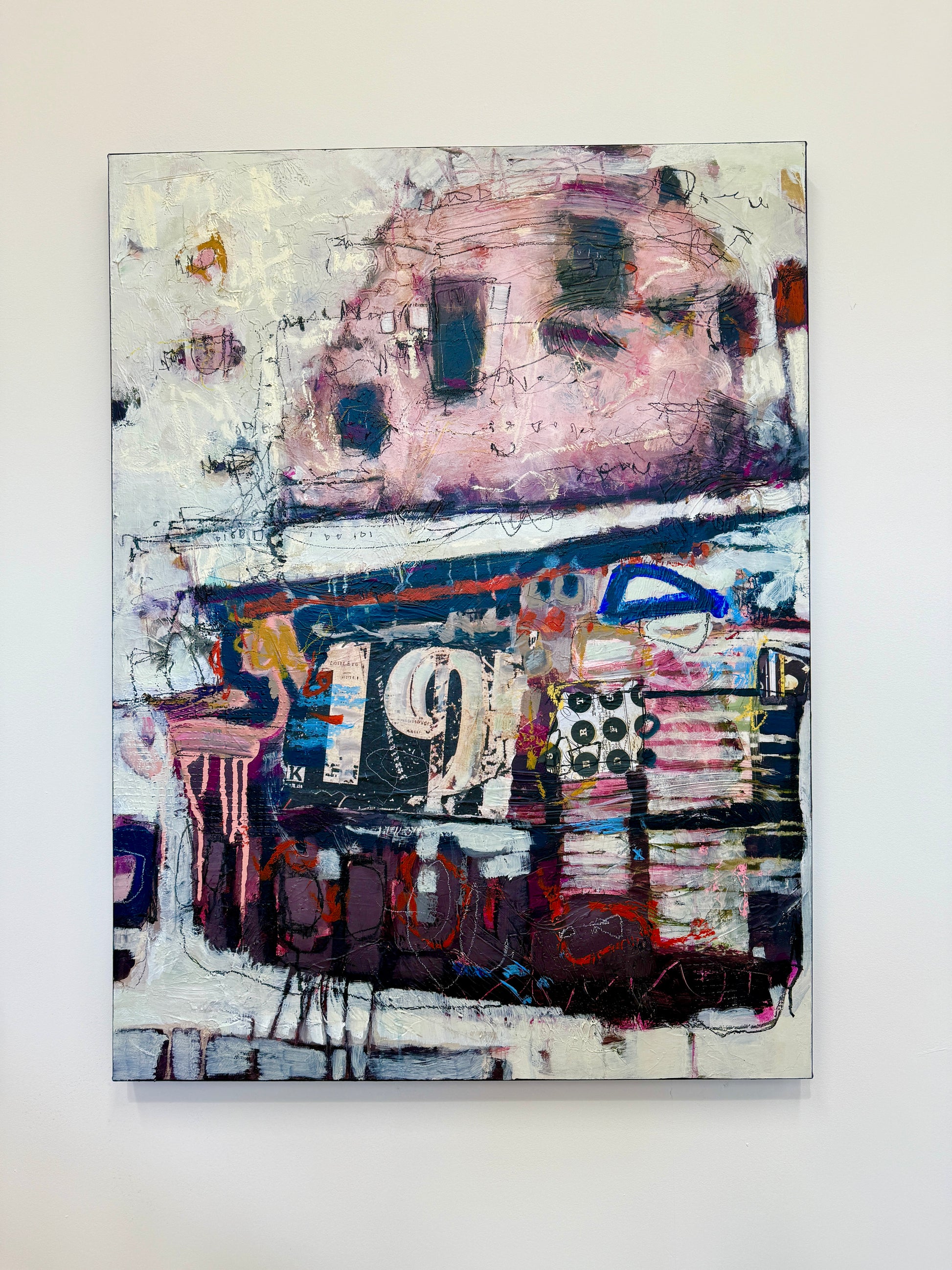 orange green and pink abstract painting for sale by artist lori mirabelli