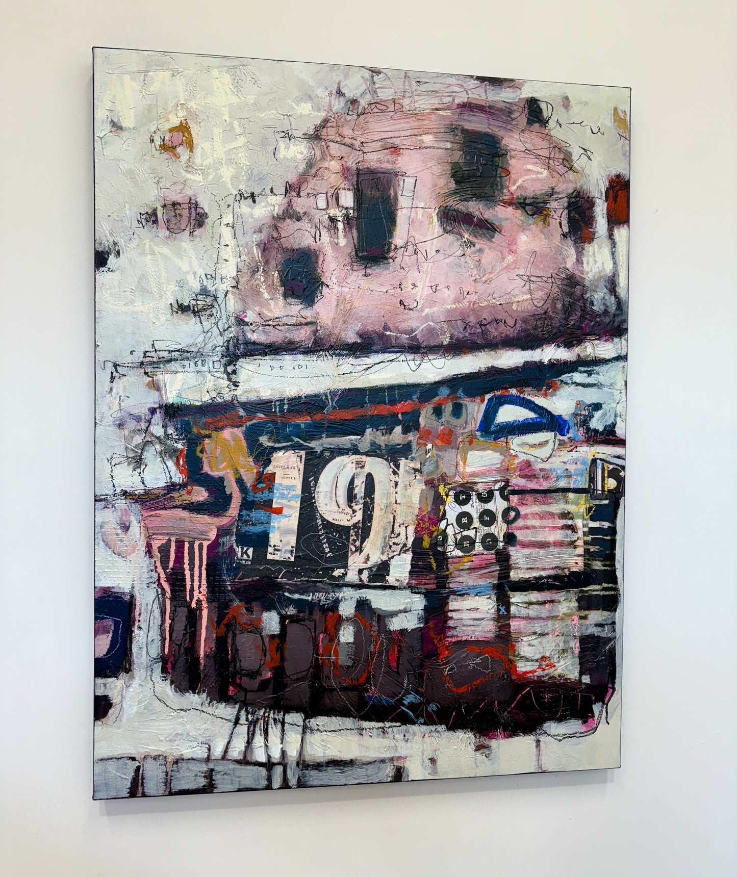 orange green and pink abstract painting for sale by artist lori mirabelli
