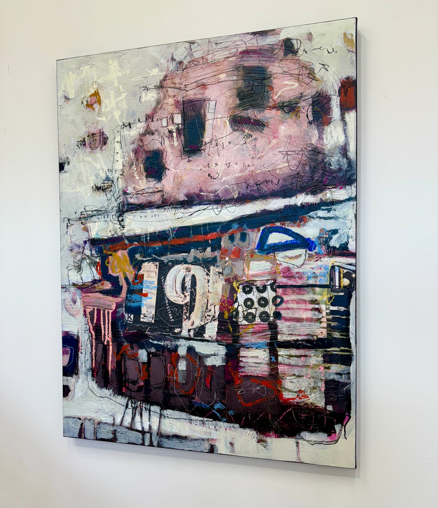 orange green and pink abstract painting for sale by artist lori mirabelli