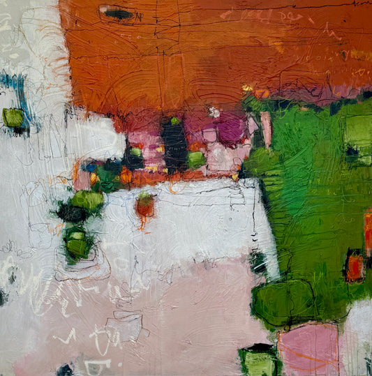 orange green and pink abstract painting for sale by artist lori mirabelli