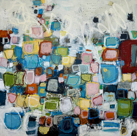 orange green and pink abstract painting for sale by artist lori mirabelli
