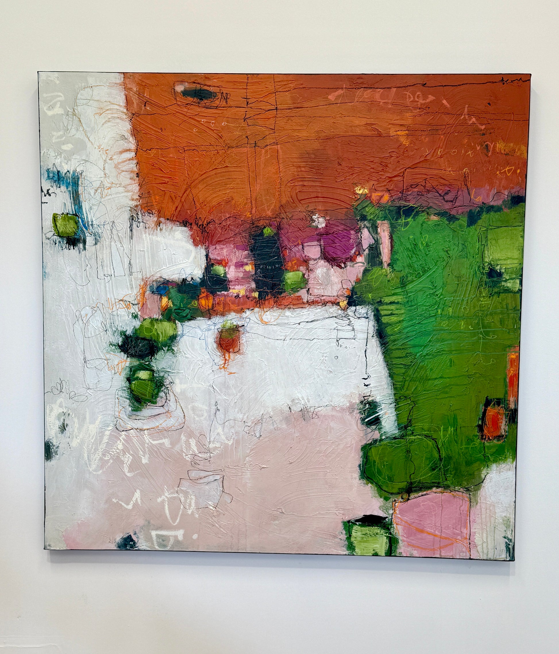 orange green and pink abstract painting for sale by artist lori mirabelli