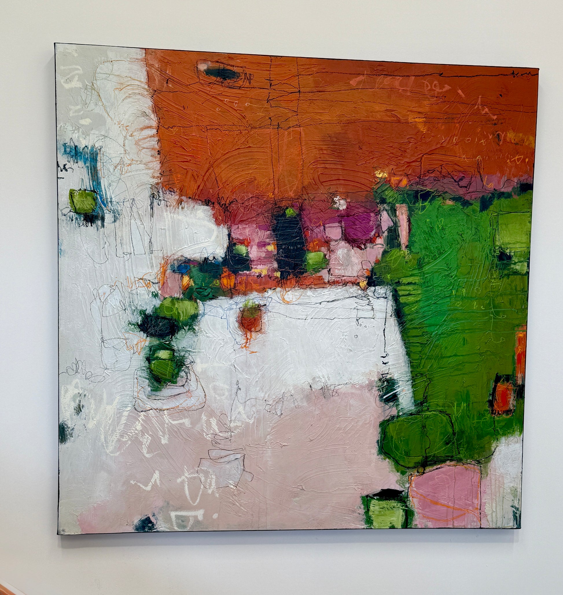 orange green and pink abstract painting for sale by artist lori mirabelli