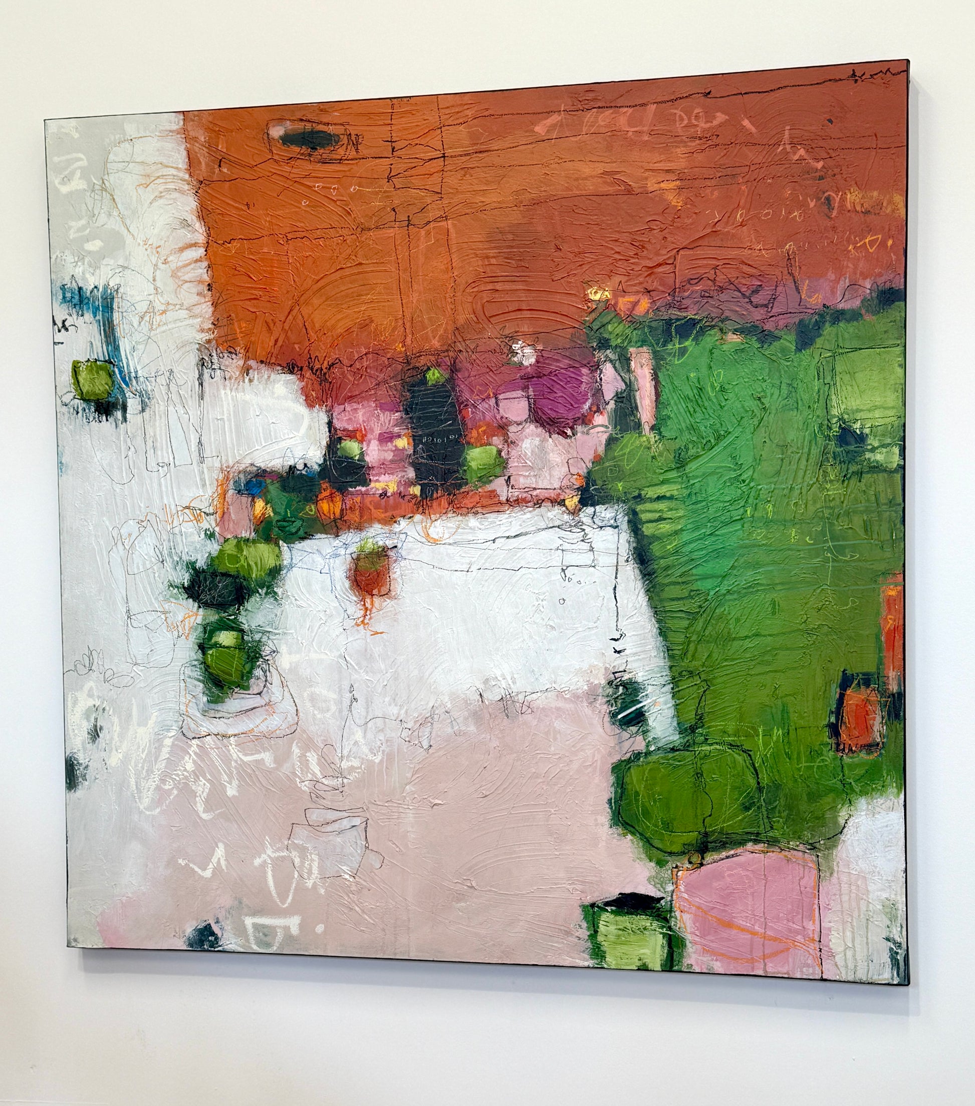 orange green and pink abstract painting for sale by artist lori mirabelli