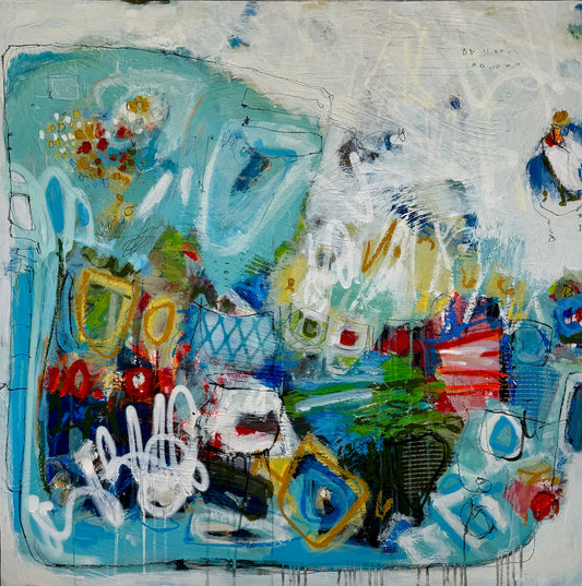 orange green and pink abstract painting for sale by artist lori mirabelli