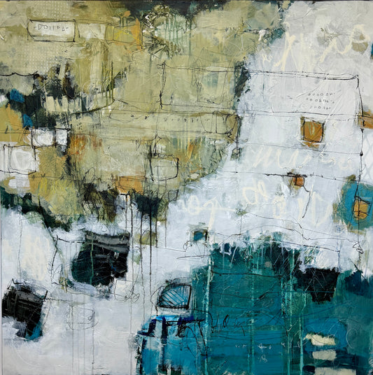 orange green and pink abstract painting for sale by artist lori mirabelli