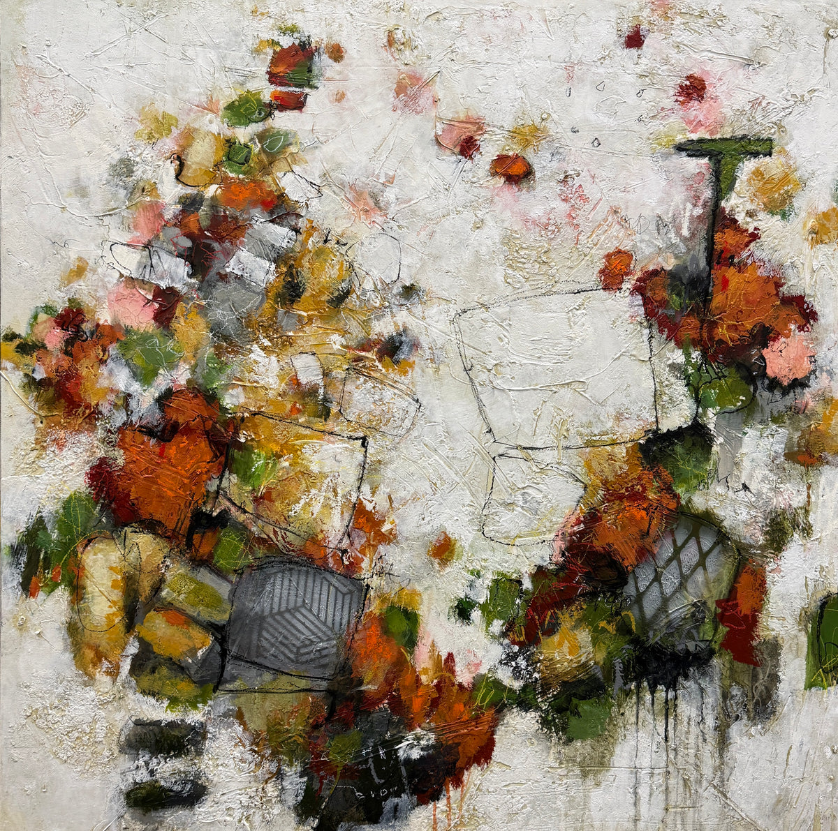 Abstract acrylic painting by Lori Mirabelli featuring layered white texture, expressive black linework, and clusters of burnt orange, ochre, olive green, soft pink and charcoal grey. The warm, earthy colours move across the canvas in a loose, organic composition.