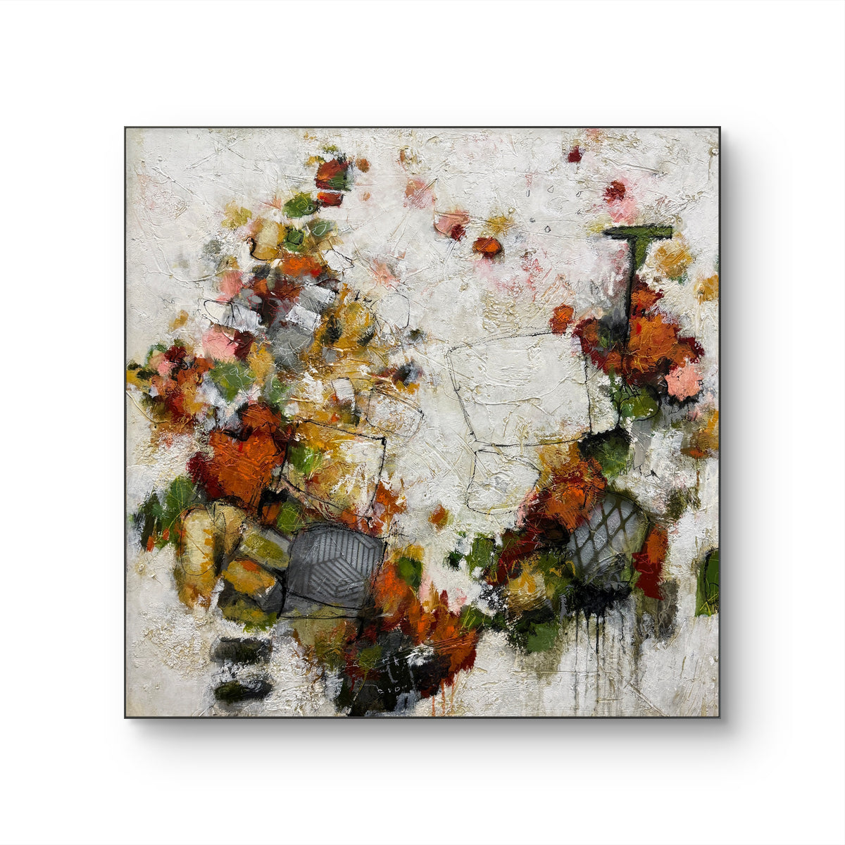 Abstract acrylic painting by Lori Mirabelli featuring layered white texture, expressive black linework, and clusters of burnt orange, ochre, olive green, soft pink and charcoal grey. The warm, earthy colours move across the canvas in a loose, organic composition.