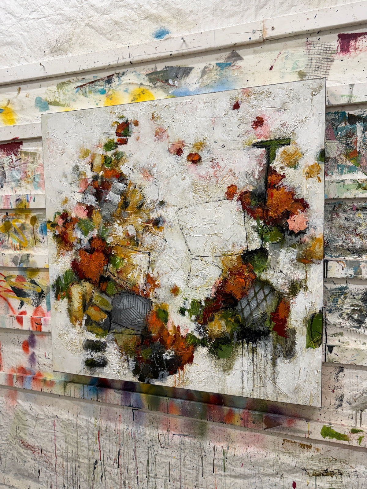 Abstract acrylic painting by Lori Mirabelli featuring layered white texture, expressive black linework, and clusters of burnt orange, ochre, olive green, soft pink and charcoal grey. The warm, earthy colours move across the canvas in a loose, organic composition.