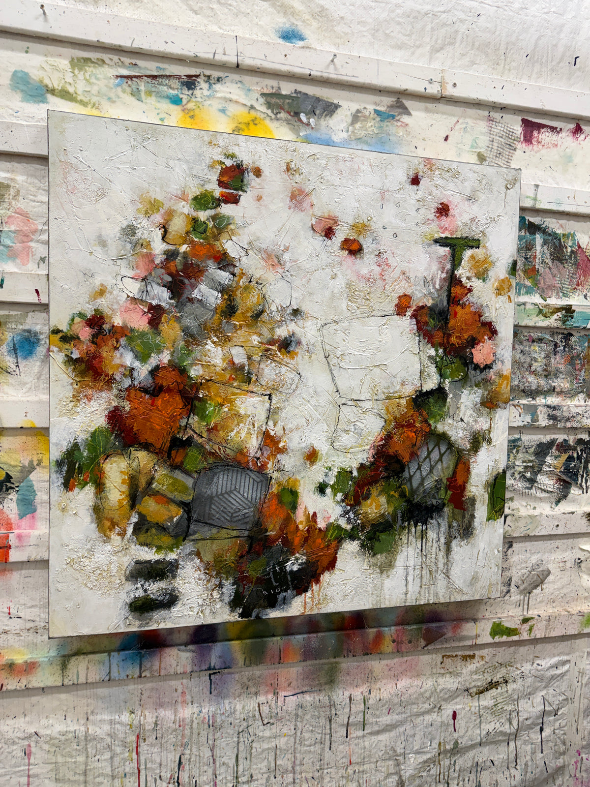 Abstract acrylic painting by Lori Mirabelli featuring layered white texture, expressive black linework, and clusters of burnt orange, ochre, olive green, soft pink and charcoal grey. The warm, earthy colours move across the canvas in a loose, organic composition.