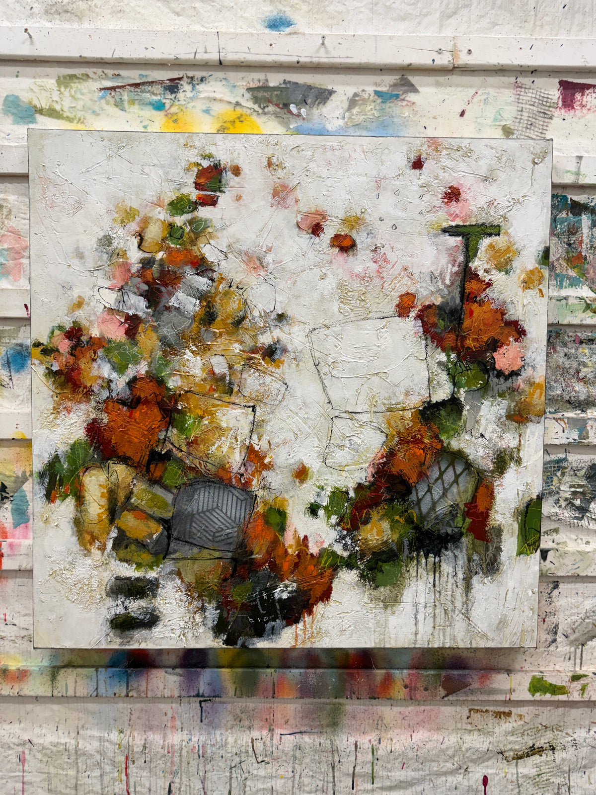 Abstract acrylic painting by Lori Mirabelli featuring layered white texture, expressive black linework, and clusters of burnt orange, ochre, olive green, soft pink and charcoal grey. The warm, earthy colours move across the canvas in a loose, organic composition.