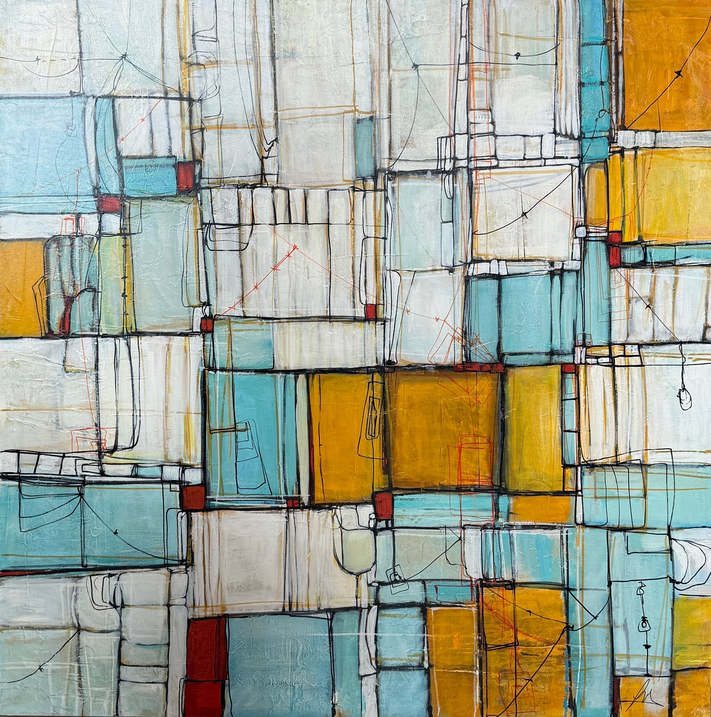 Abstract art piece with geometric shapes in blue, yellow, and white.