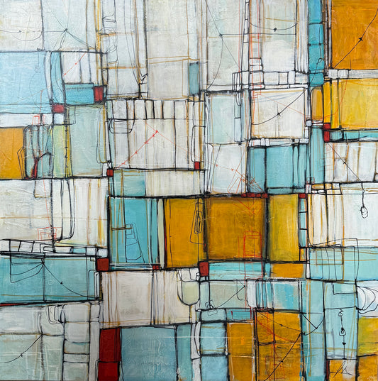Abstract art piece with geometric shapes in blue, yellow, and white.