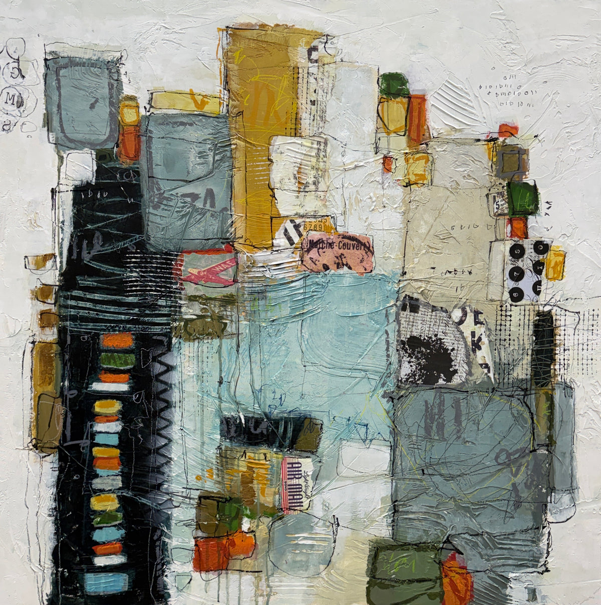 A 40 × 40-inch abstract mixed-media painting by Lori Mirabelli, featuring layered architectural shapes, textured white space, soft blue-grey blocks, mustard yellow, black, orange and green accents, with expressive linework and collage details.