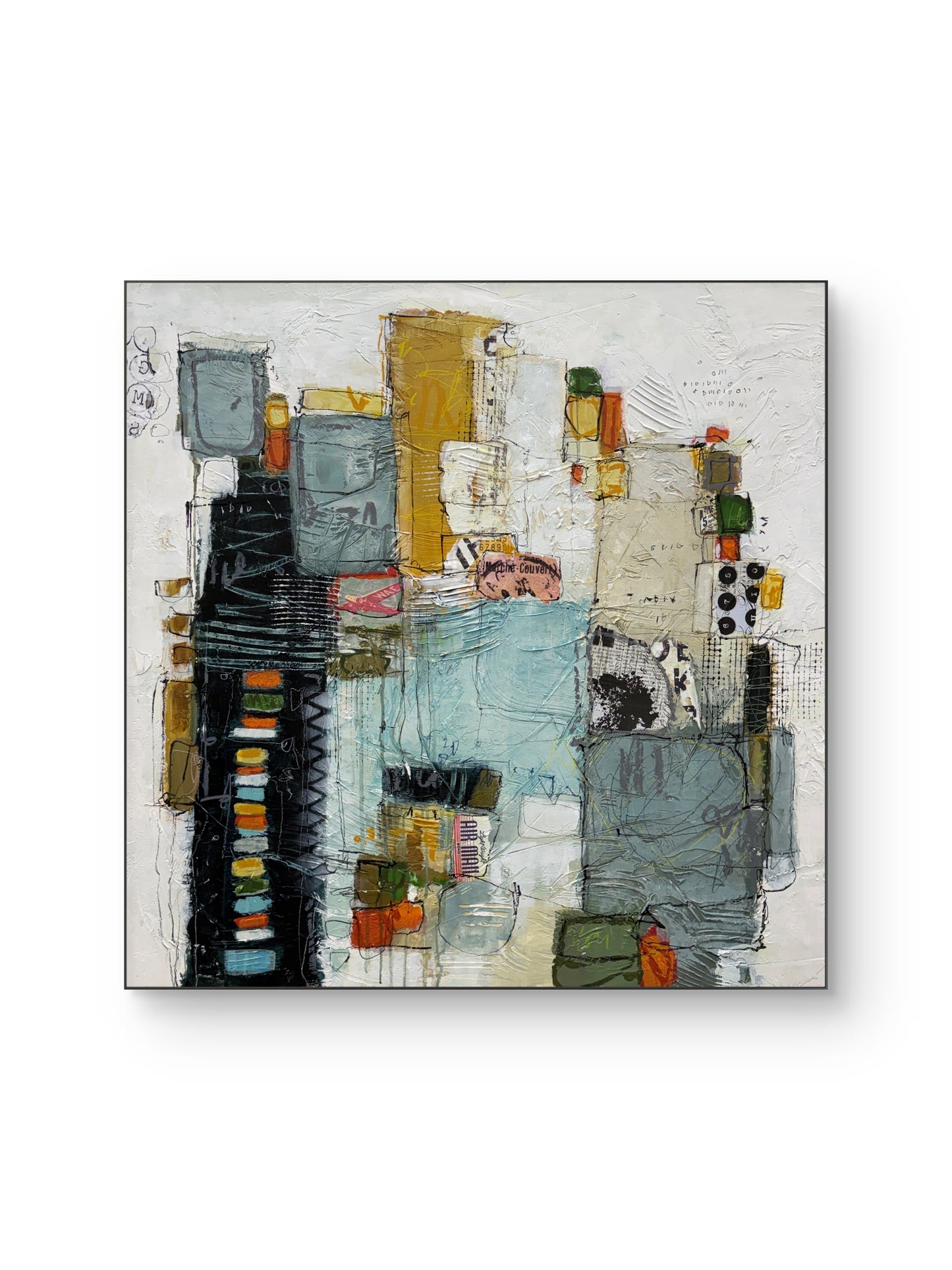 A 40 × 40-inch abstract mixed-media painting by Lori Mirabelli, featuring layered architectural shapes, textured white space, soft blue-grey blocks, mustard yellow, black, orange and green accents, with expressive linework and collage details.
