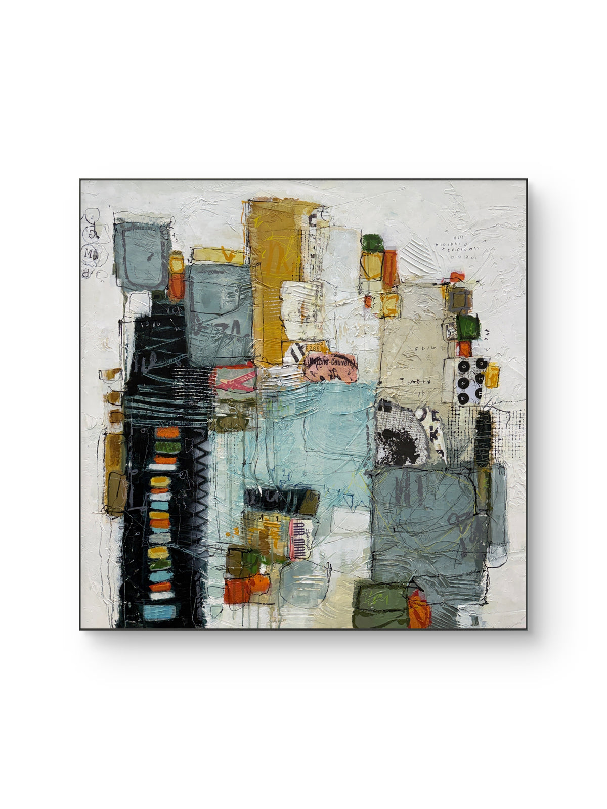 A 40 × 40-inch abstract mixed-media painting by Lori Mirabelli, featuring layered architectural shapes, textured white space, soft blue-grey blocks, mustard yellow, black, orange and green accents, with expressive linework and collage details.