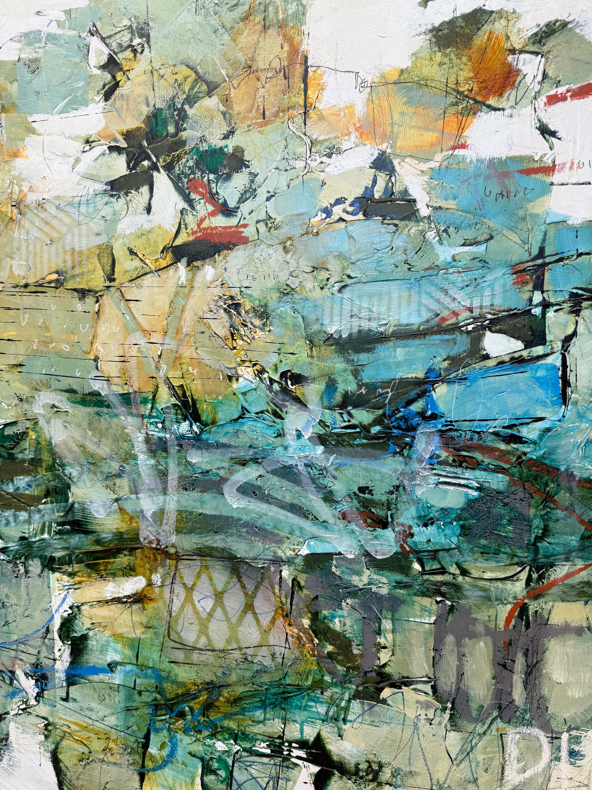 A large 36 x 60” abstract acrylic painting featuring layered greens, blues, whites, and hints of ochre. The piece has a dynamic, organic feel with visible mark-making and movement, blending structured lines with expressive brushwork. Displayed on a white studio wall above wooden steps. Lori mirabelli