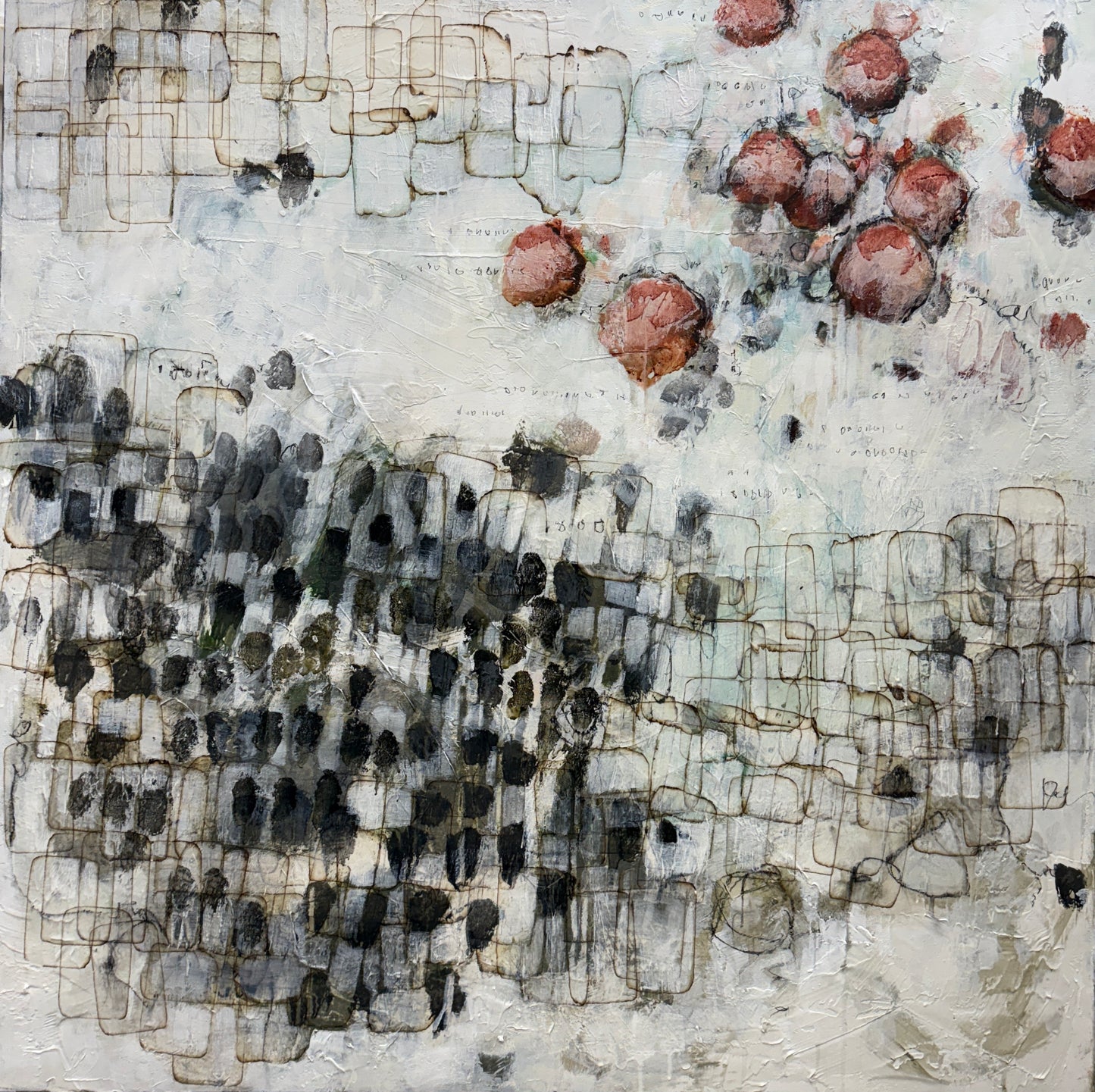 Abstract art piece with black, white, and brown patterns