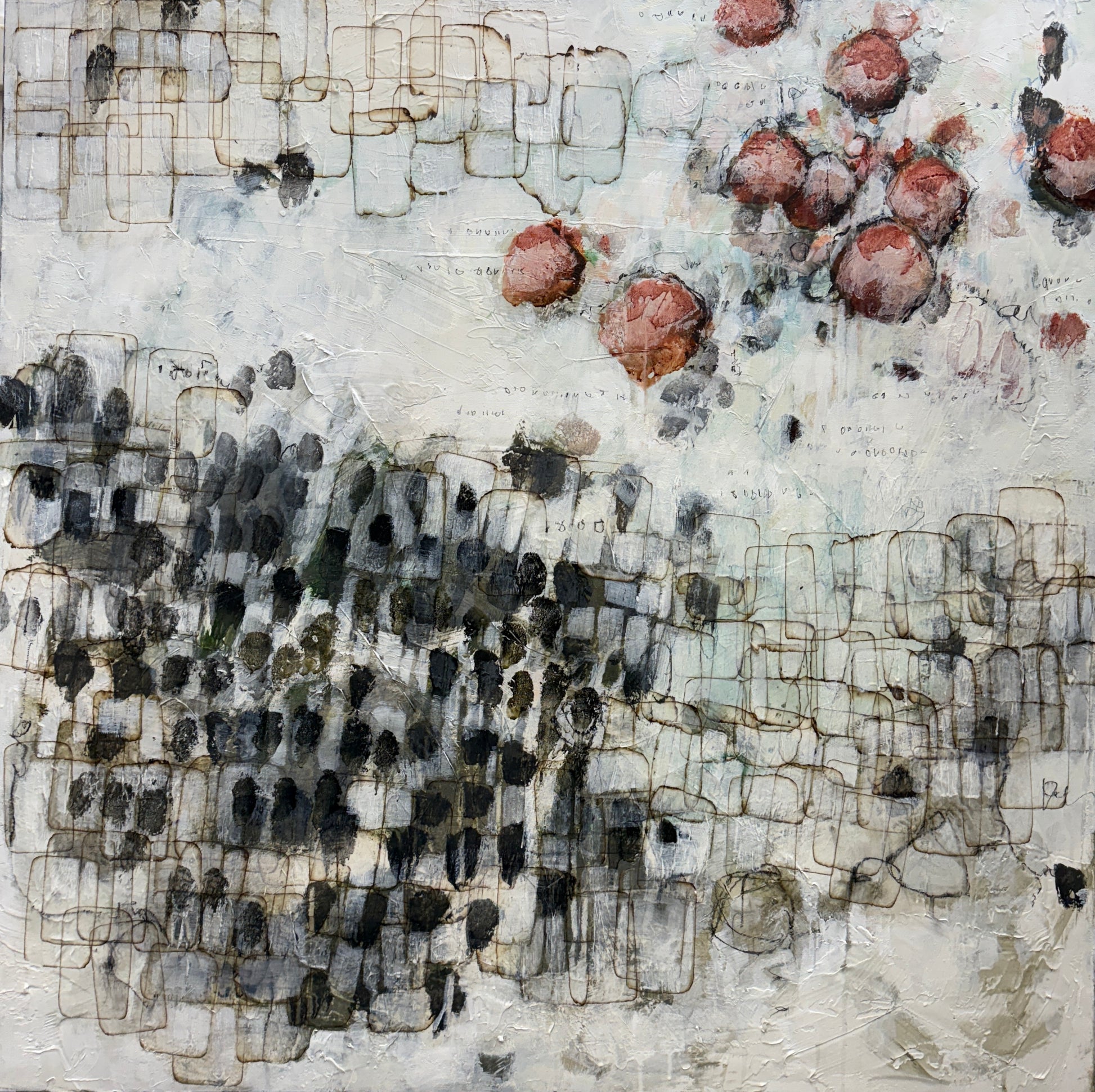 Abstract art piece with black, white, and brown patterns