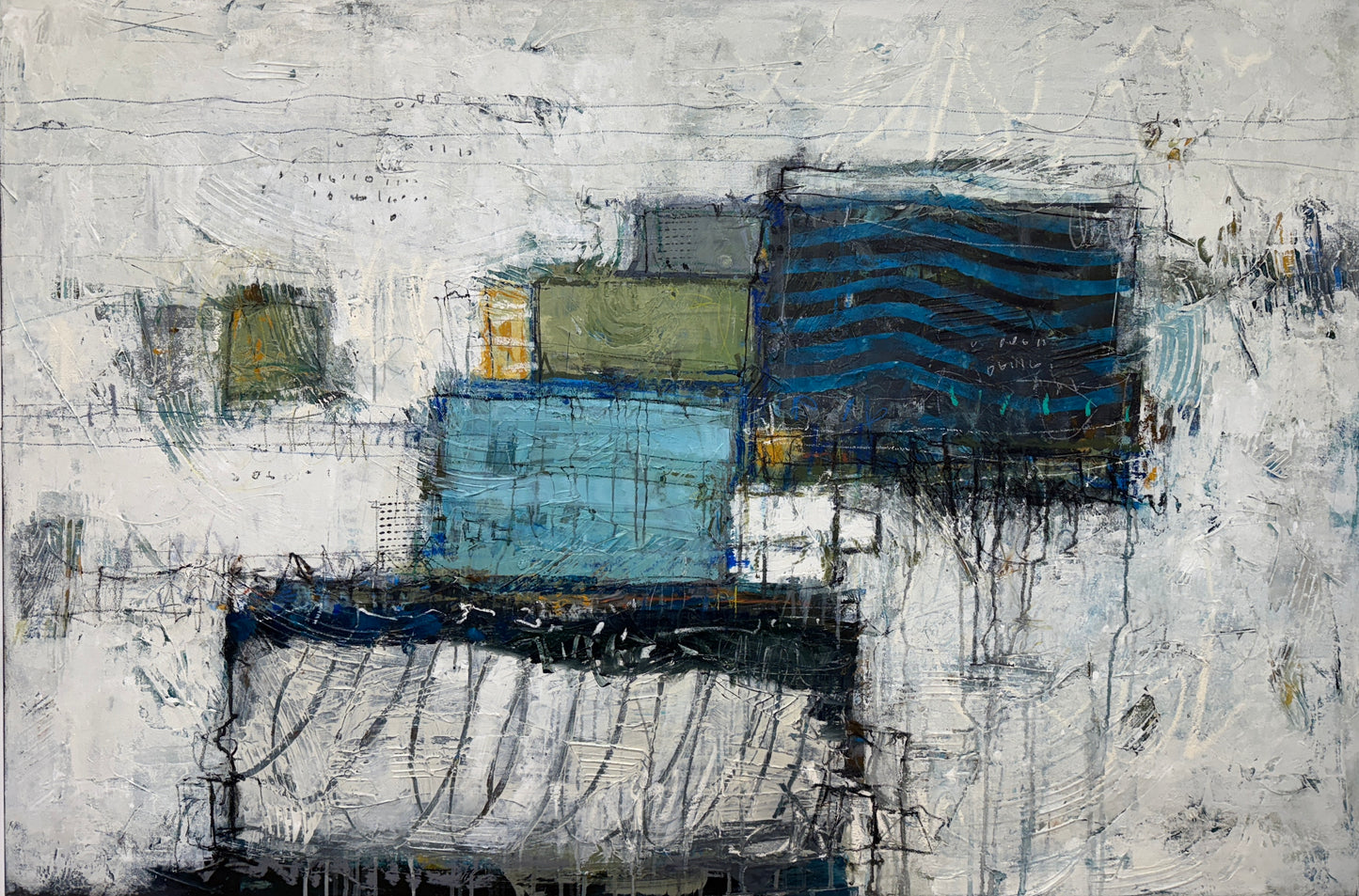 Abstract art piece with geometric shapes on a textured background