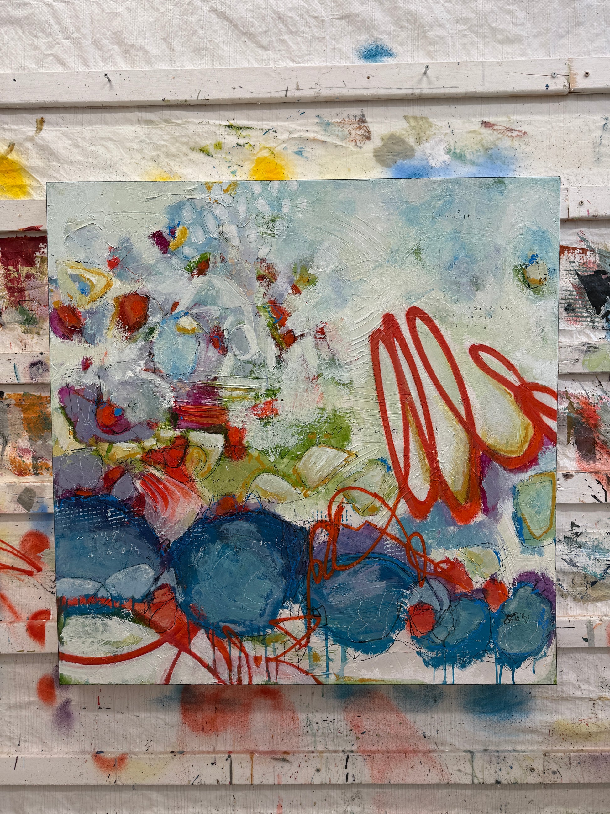 Abstract painting with vibrant colors on a textured wall background buy Canadian Art Lori Mirabelli