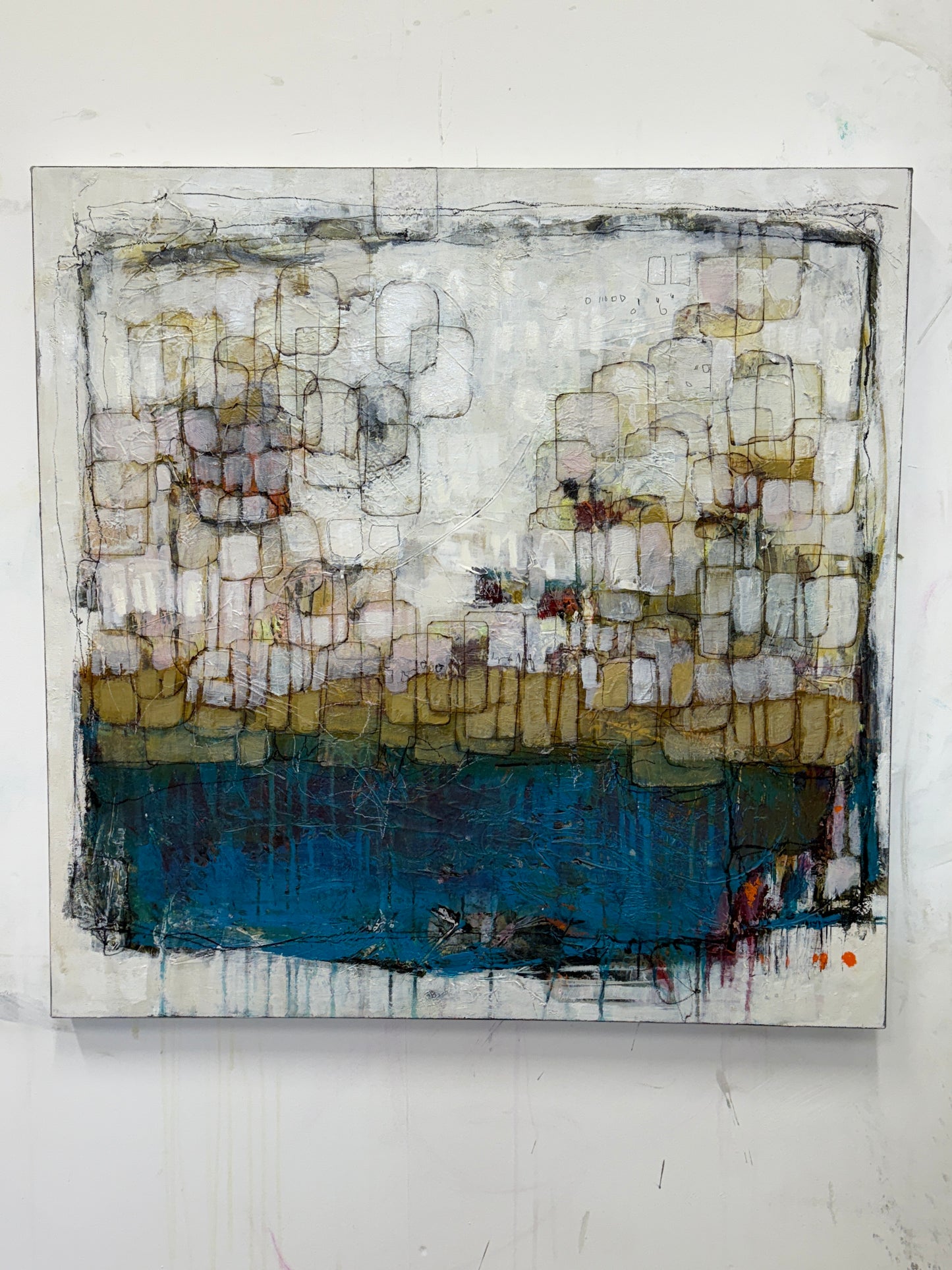 Abstract art piece with a mix of colors on a white background