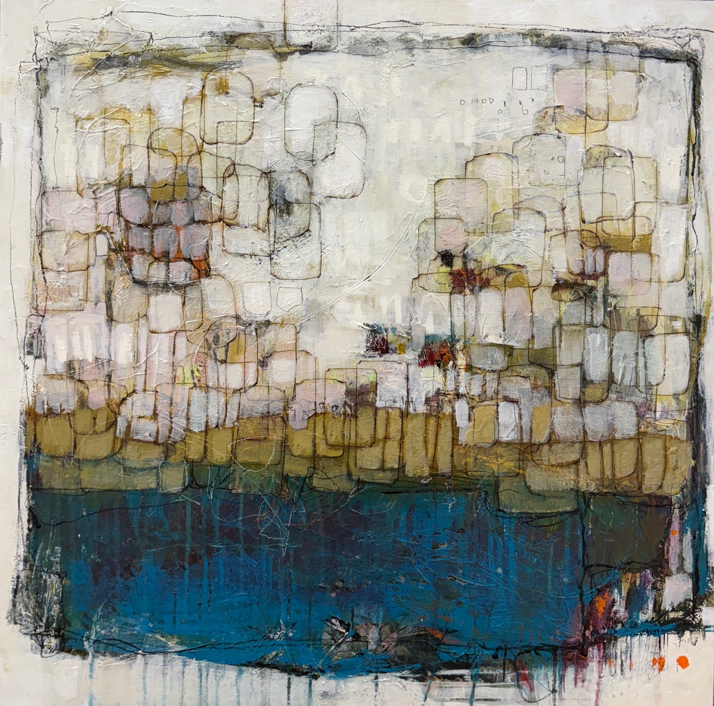 Abstract art piece with geometric shapes and a blue base