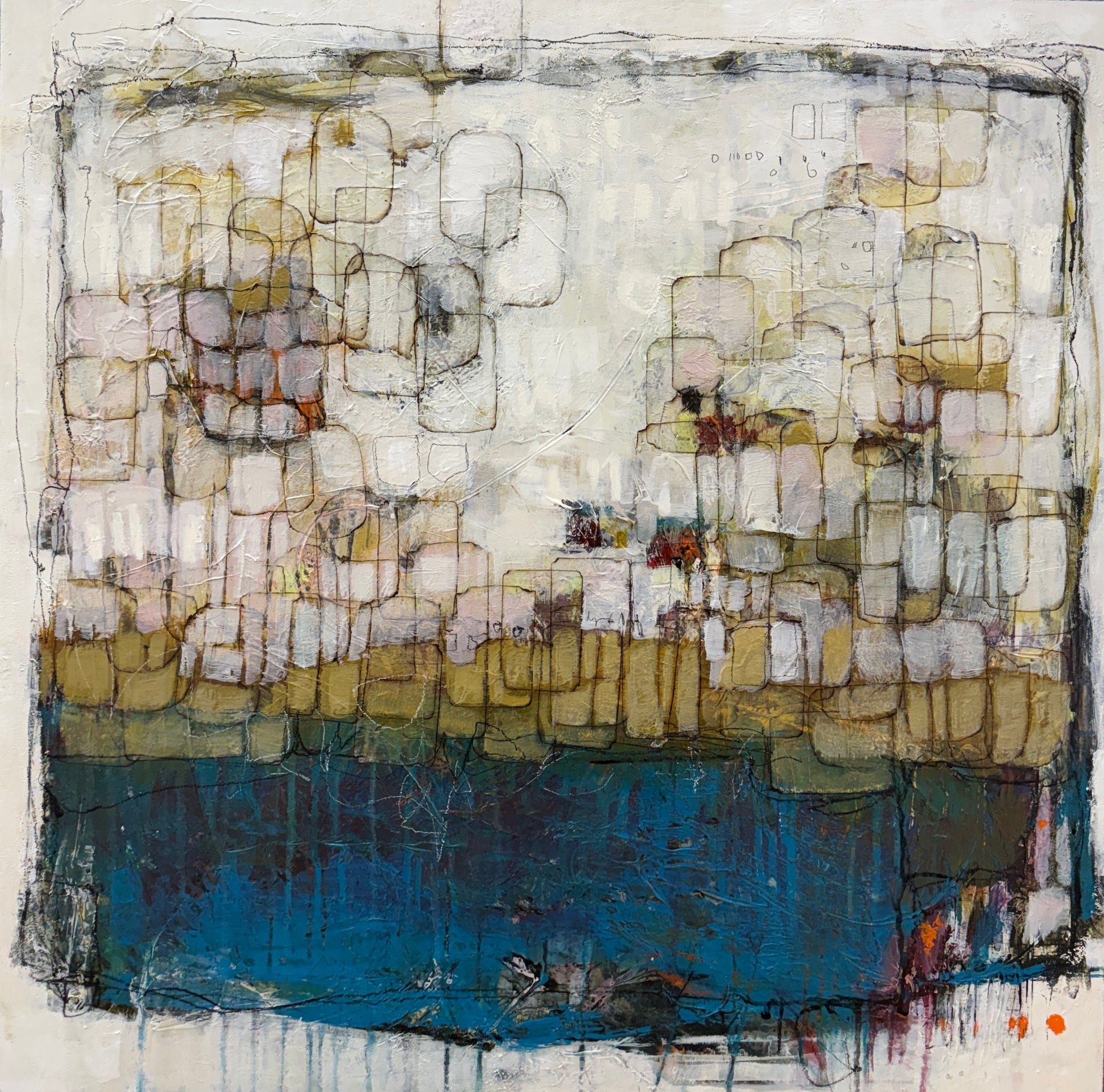 Abstract art piece with geometric shapes and a blue base