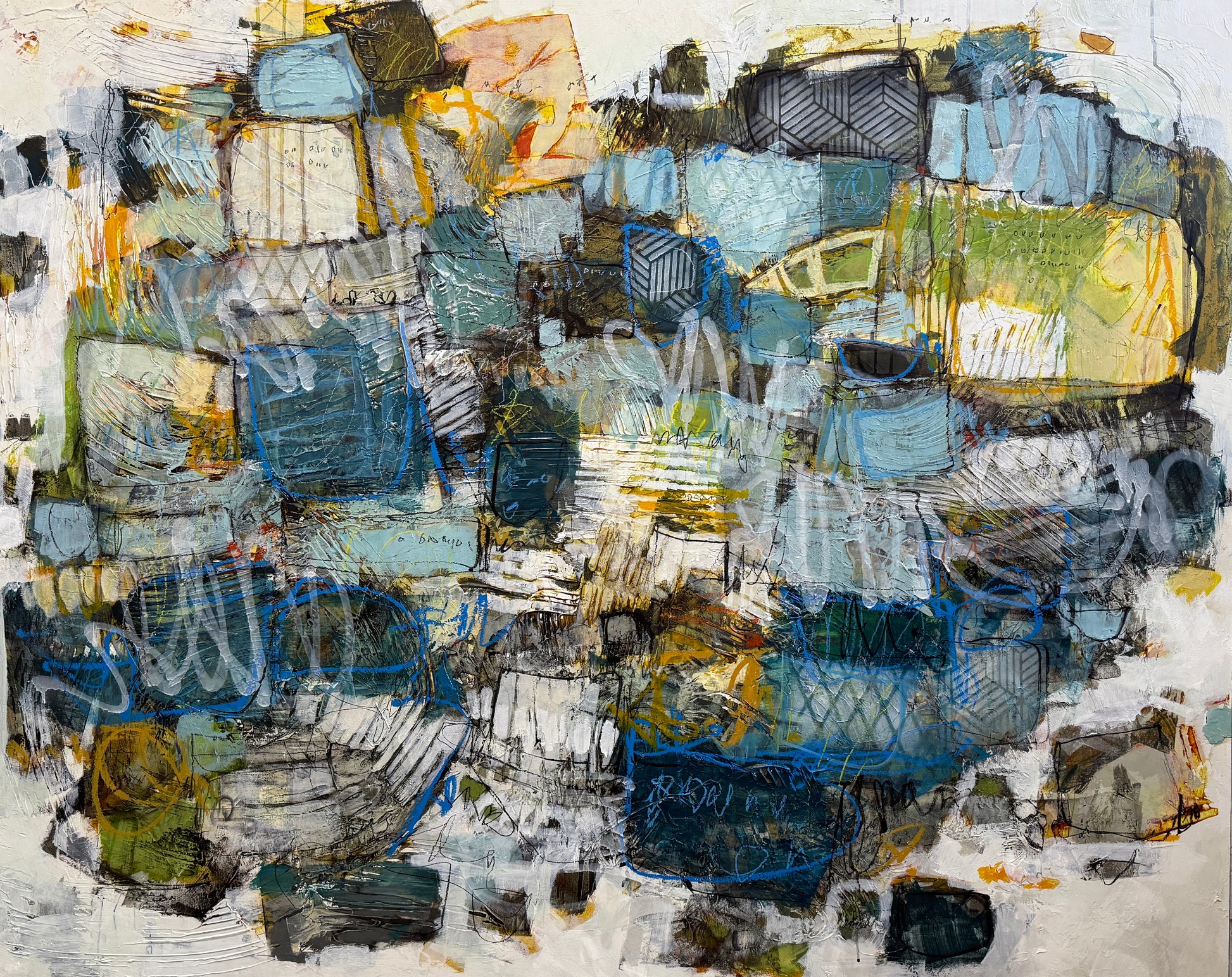 Abstract art painting in a modern living room setting 48X60 INCH lori mirabelli paintings for sale
