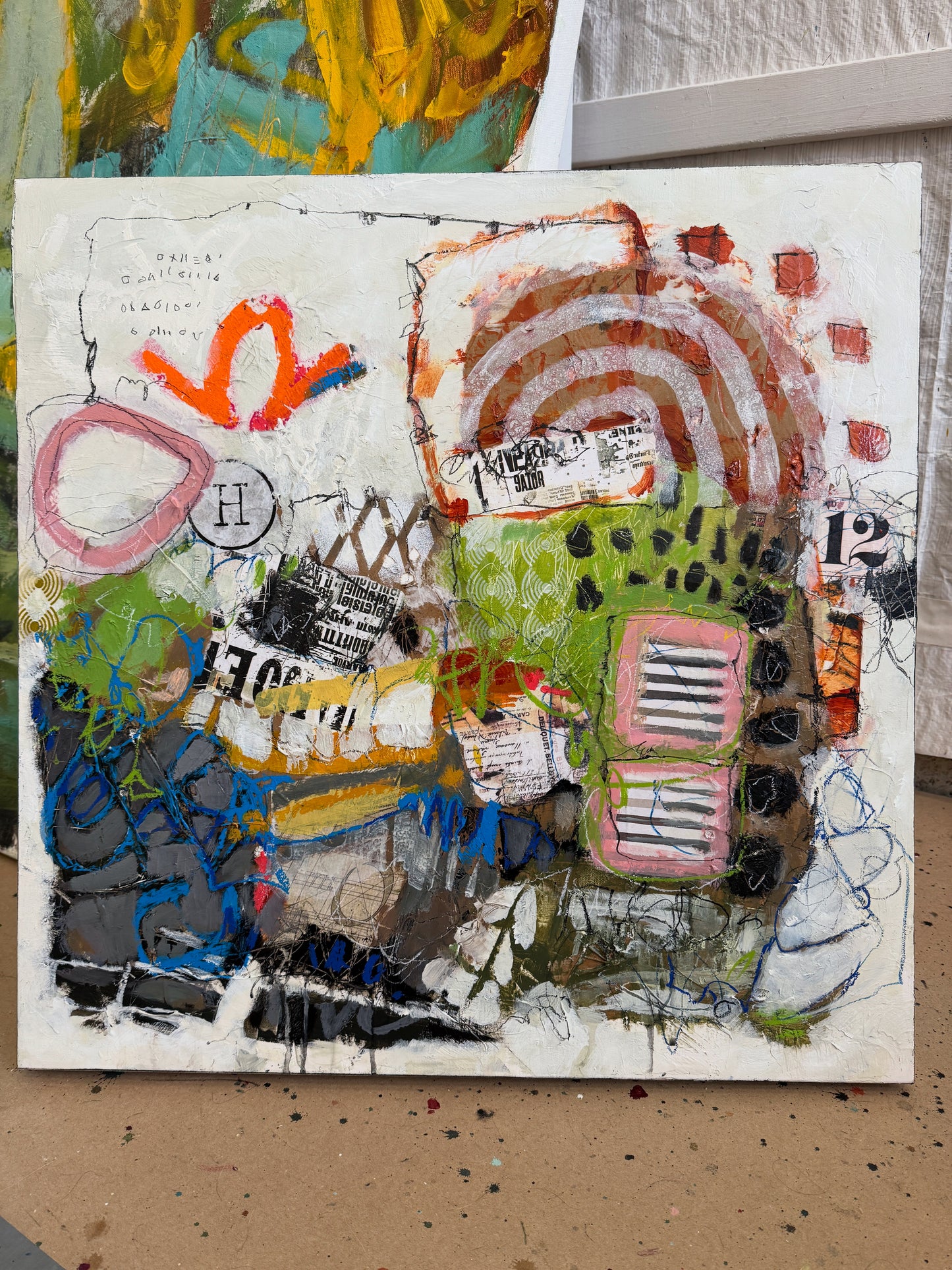 Collage art with various textures and colors on a textured background lori mirabelli 24x24 inch