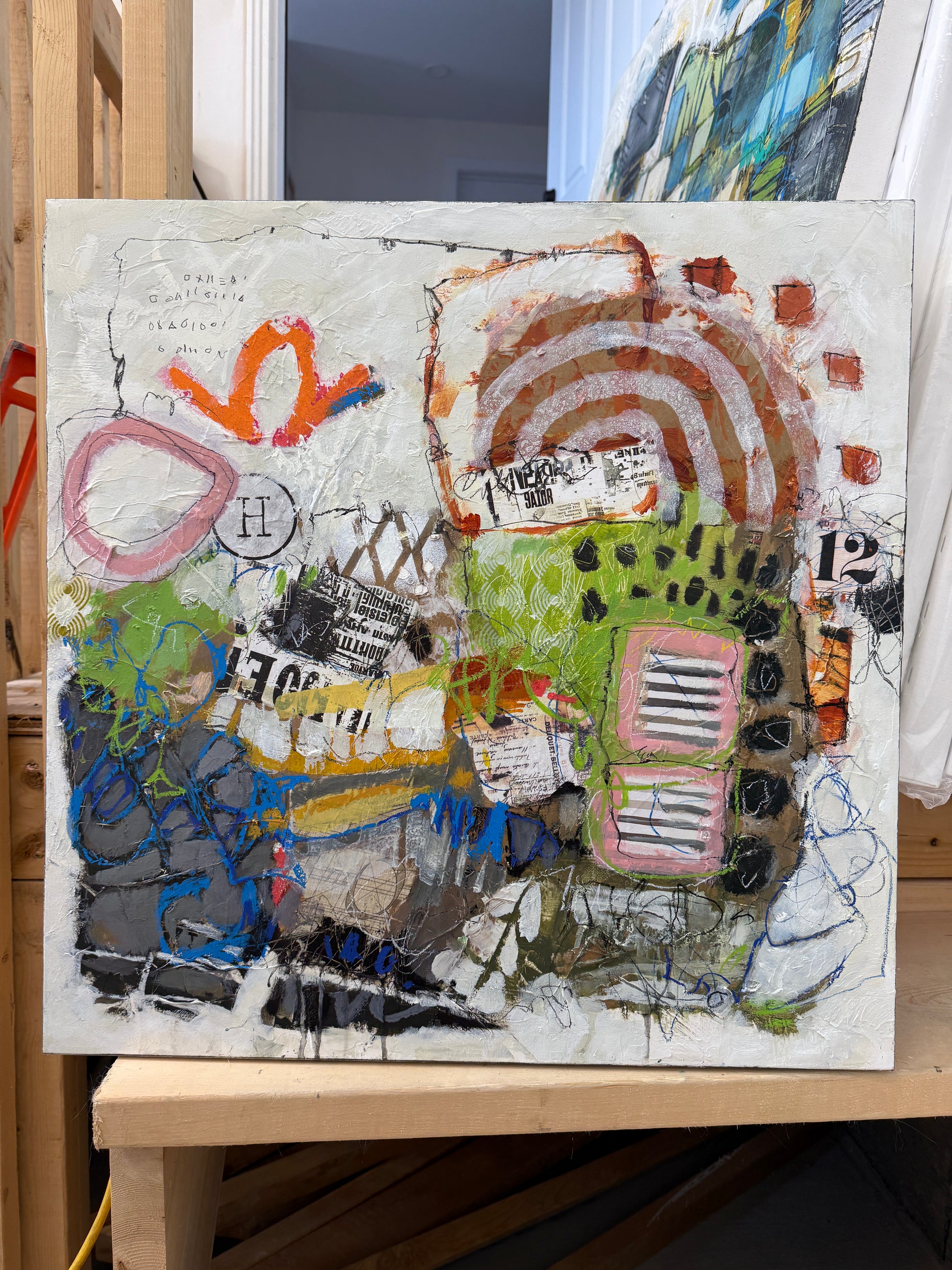 Collage art with various textures and colors on a textured background lori mirabelli 24x24 inch