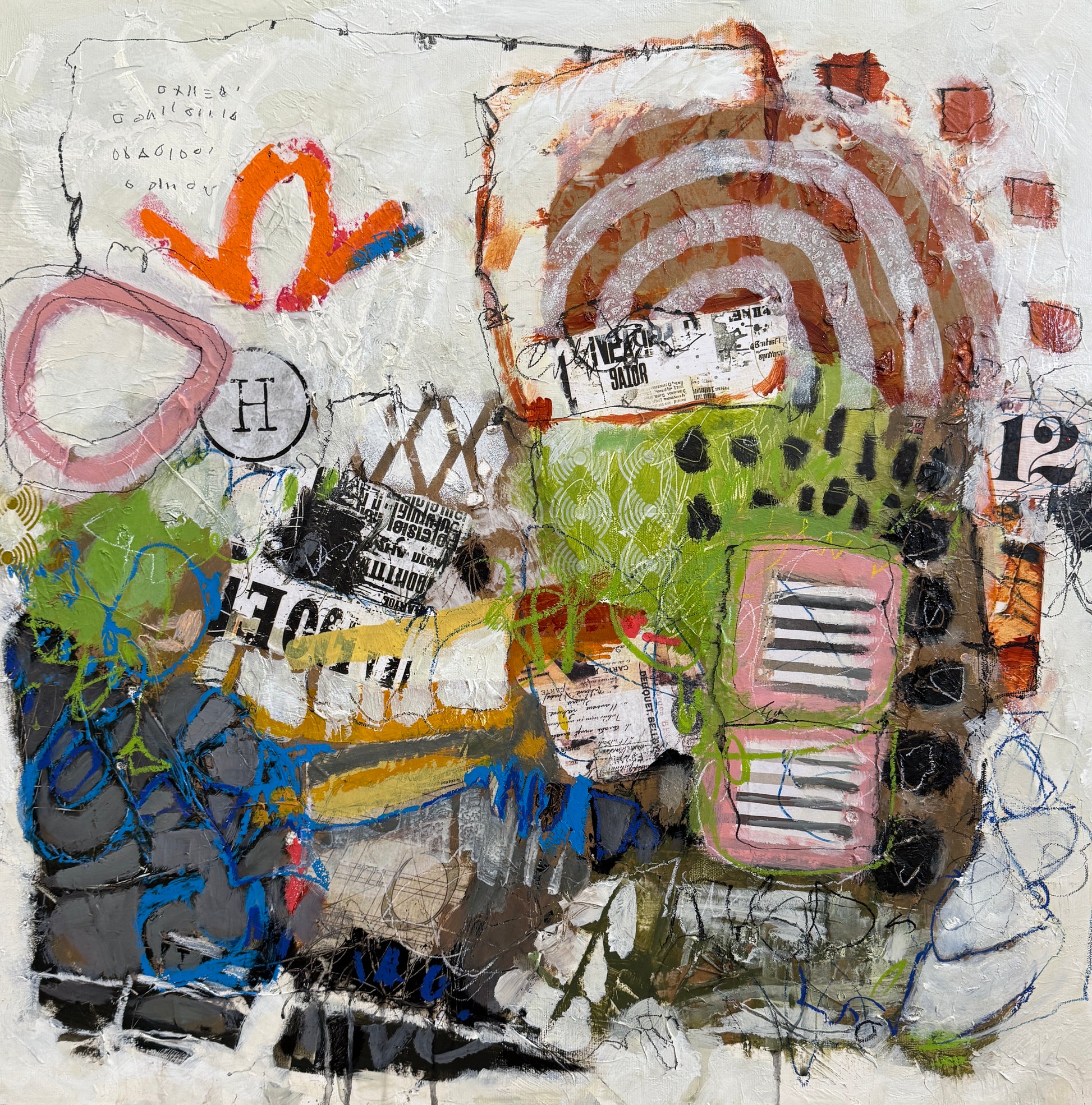 Collage art with various textures and colors on a textured background lori mirabelli 24x24 inch