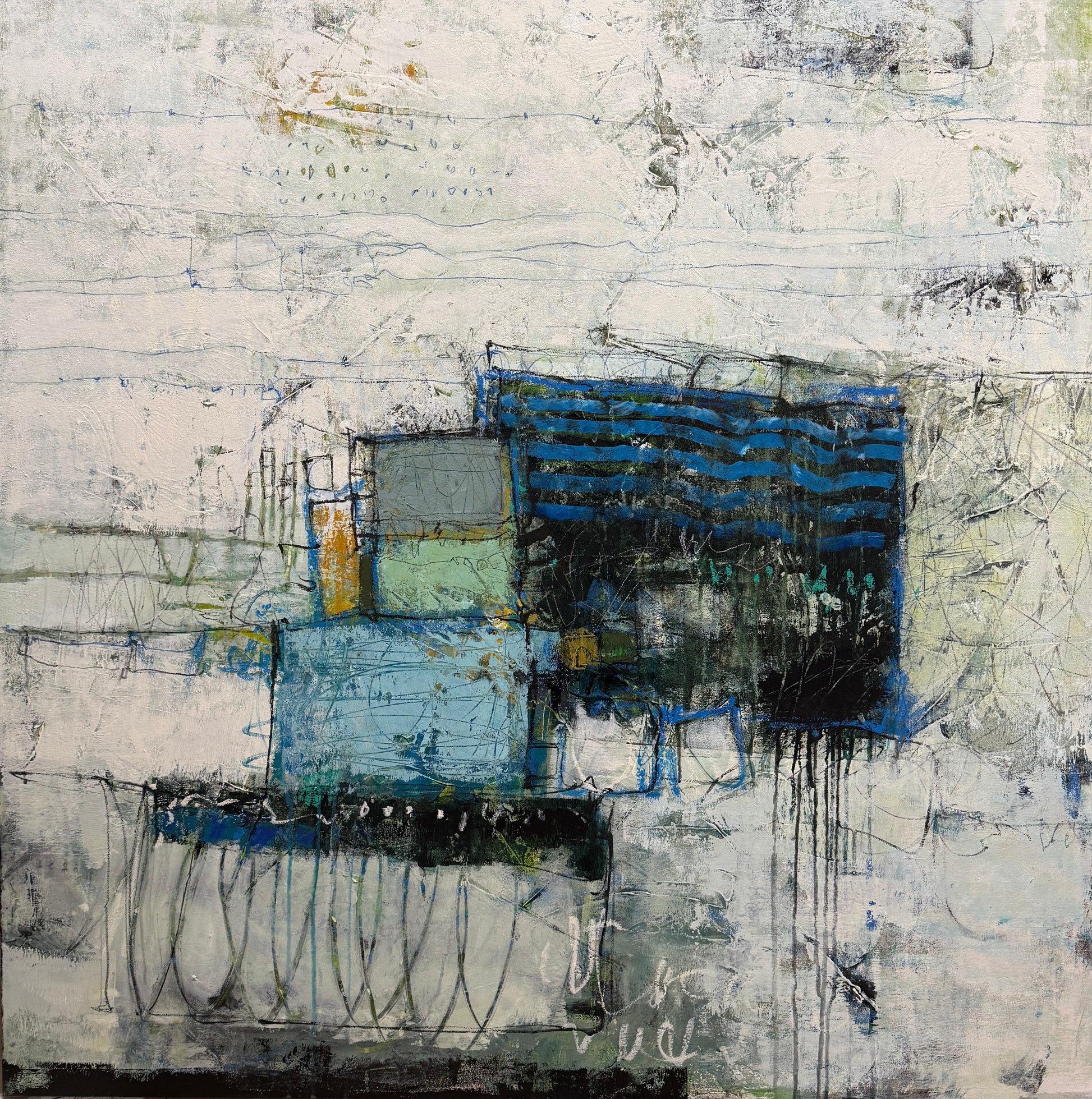 Abstract painting in a modern living room setting with a chair and decor items. paintings for sale lori mirabelli 48x48 inch