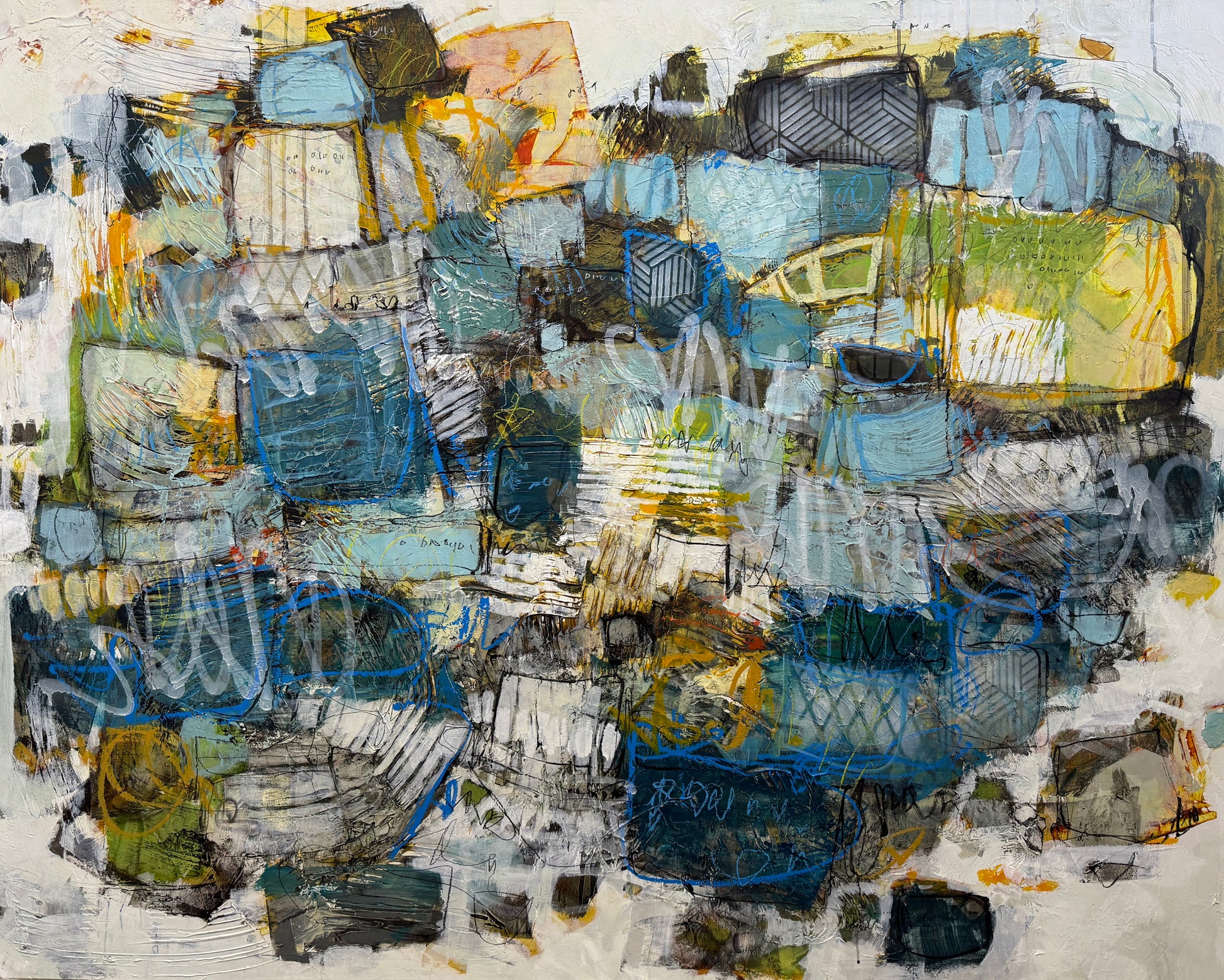Abstract art painting in a modern living room setting 48X60 INCH lori mirabelli paintings for sale