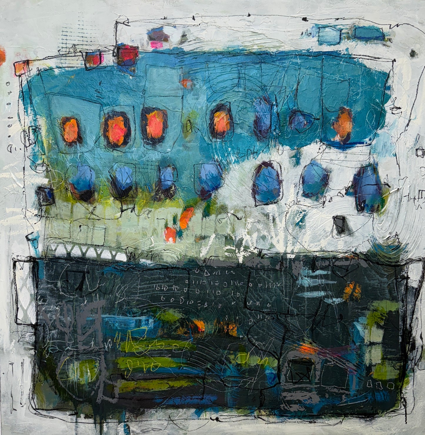 Abstract artwork with a mix of blue, black, and orange colors on a white background lori mirabelli.